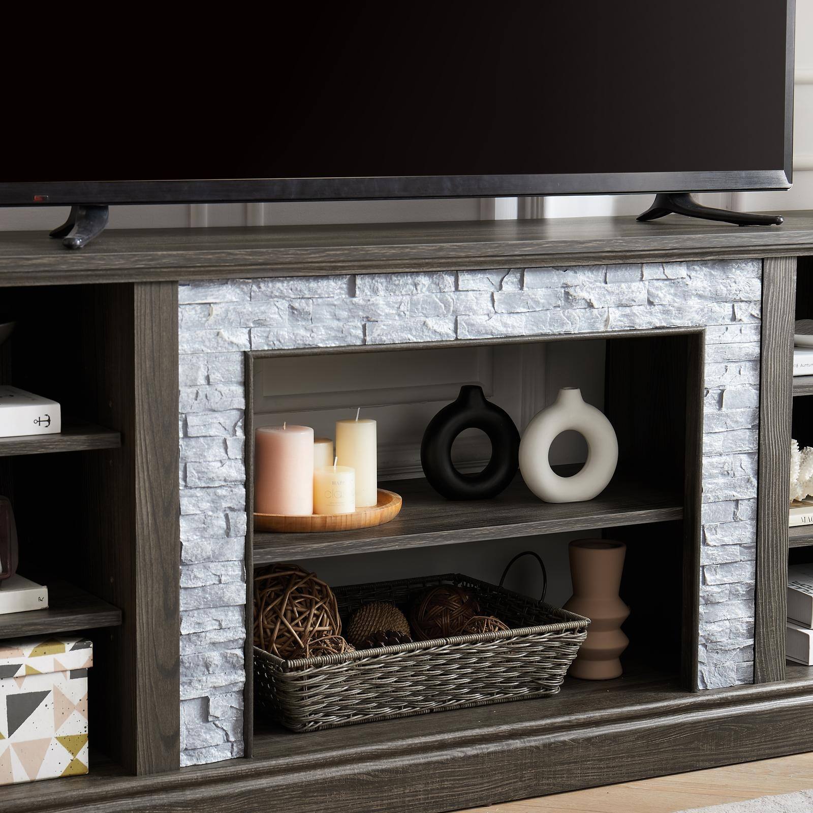 Alt View 4. Spaco - Spaco 70.12" TV Stand for 75" TV with Faux Stacked Stone, Large Storage Cabinet, Modern Media Console for Living Room - Grey.