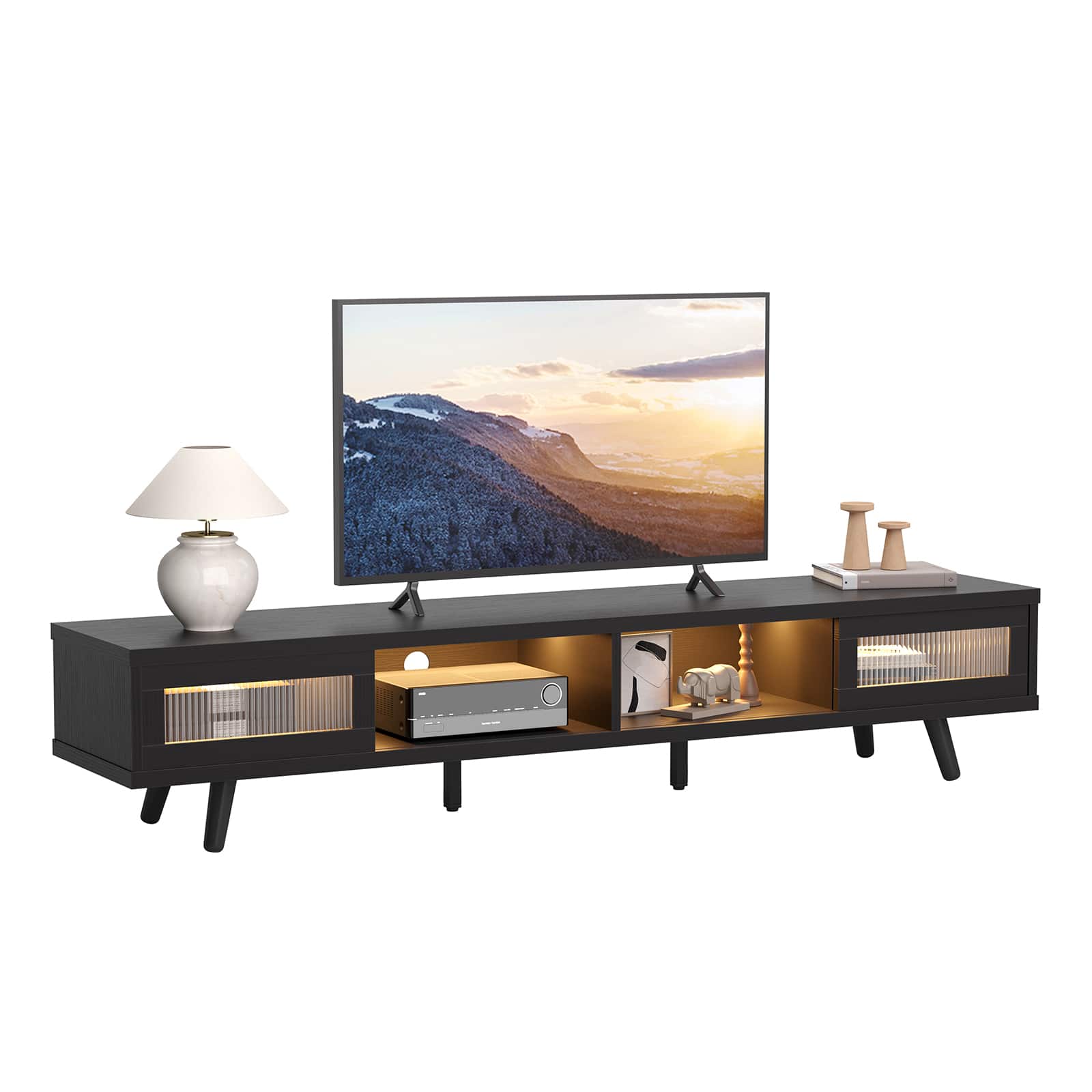 Bestier - 70" LED TV Stand Mid-Century Modern Gaming Entertainment Center with Sliding Glass Door - Black
