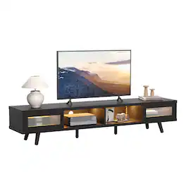 Bestier - 70" LED TV Stand Mid-Century Modern Gaming Entertainment Center with Sliding Glass Door - Black