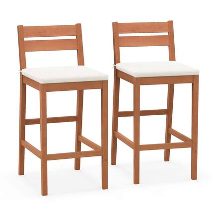 Front. Costway - Costway Outdoor Wood Barstools Set of 2 Eucalyptus Wood Bar Height Chairs Cushioned Seat - Off White + Natural.