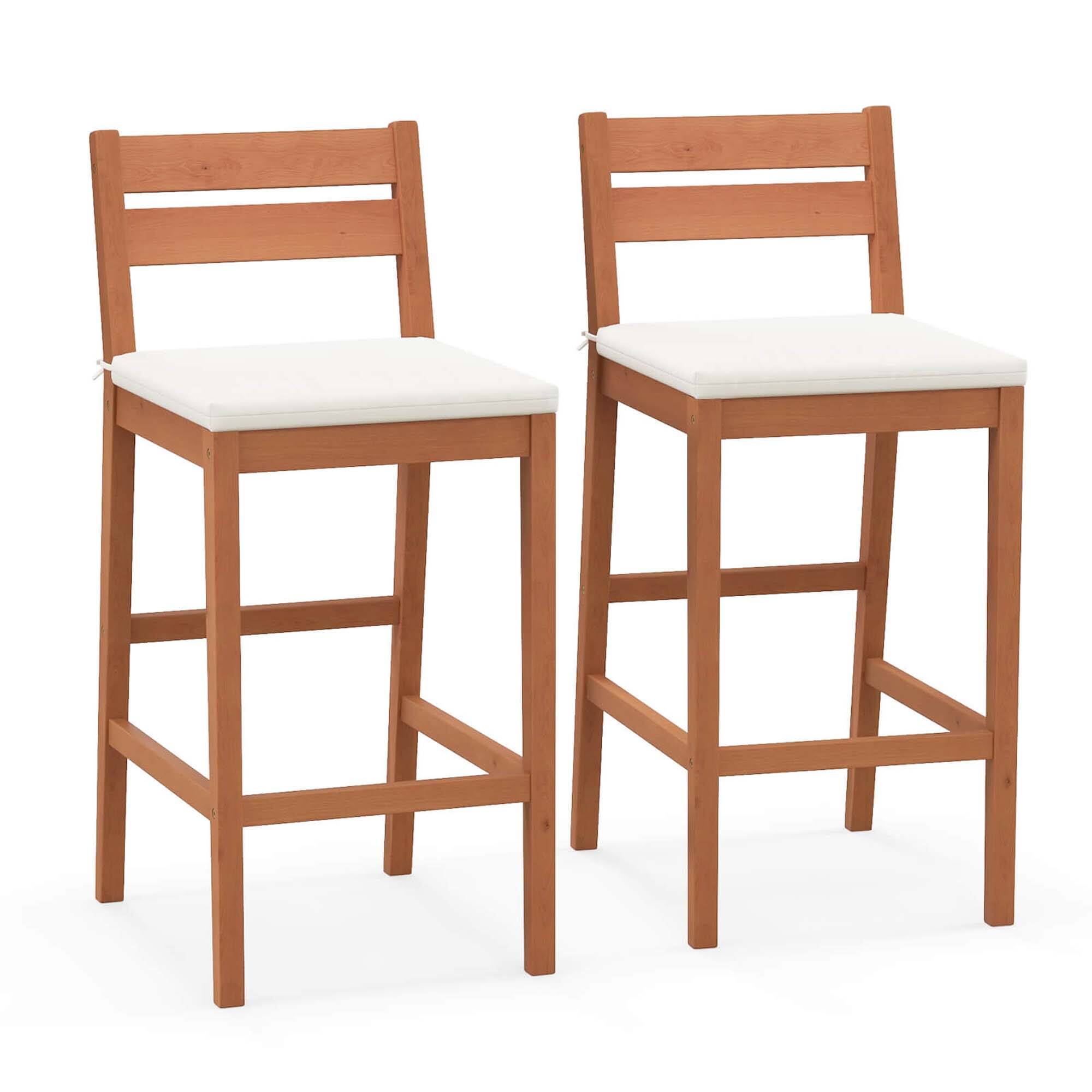 Front. Costway - Costway Outdoor Wood Barstools Set of 2 Eucalyptus Wood Bar Height Chairs Cushioned Seat - Off White + Natural.