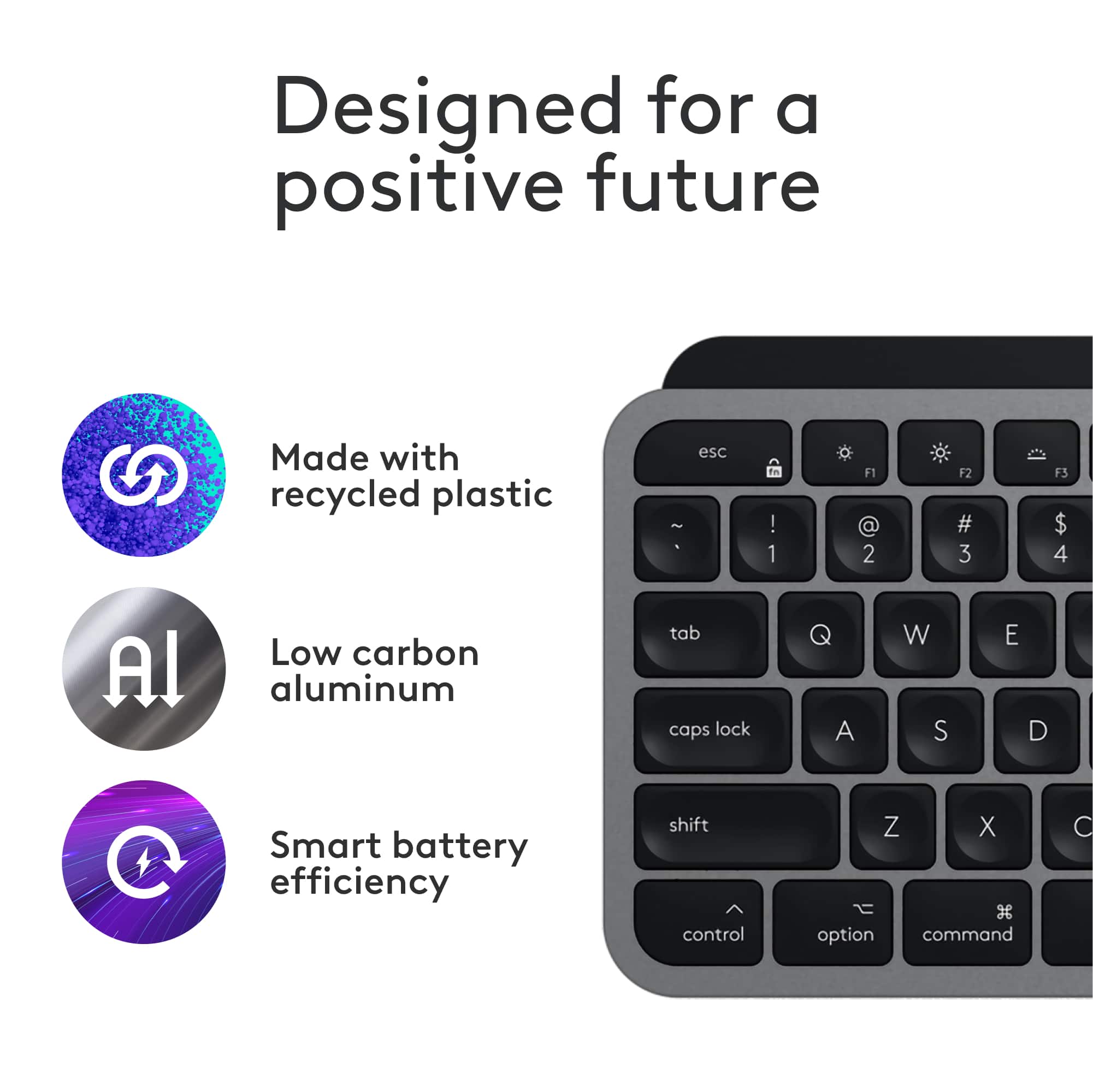 Designed for a positive future Made with recycled plastic - esc! 1 F1 2 F2 # 3 F3 $ 4 Al Low carbon aluminum tab caps lock A W S E D C Smart battery efficiency shift control Z X option command C