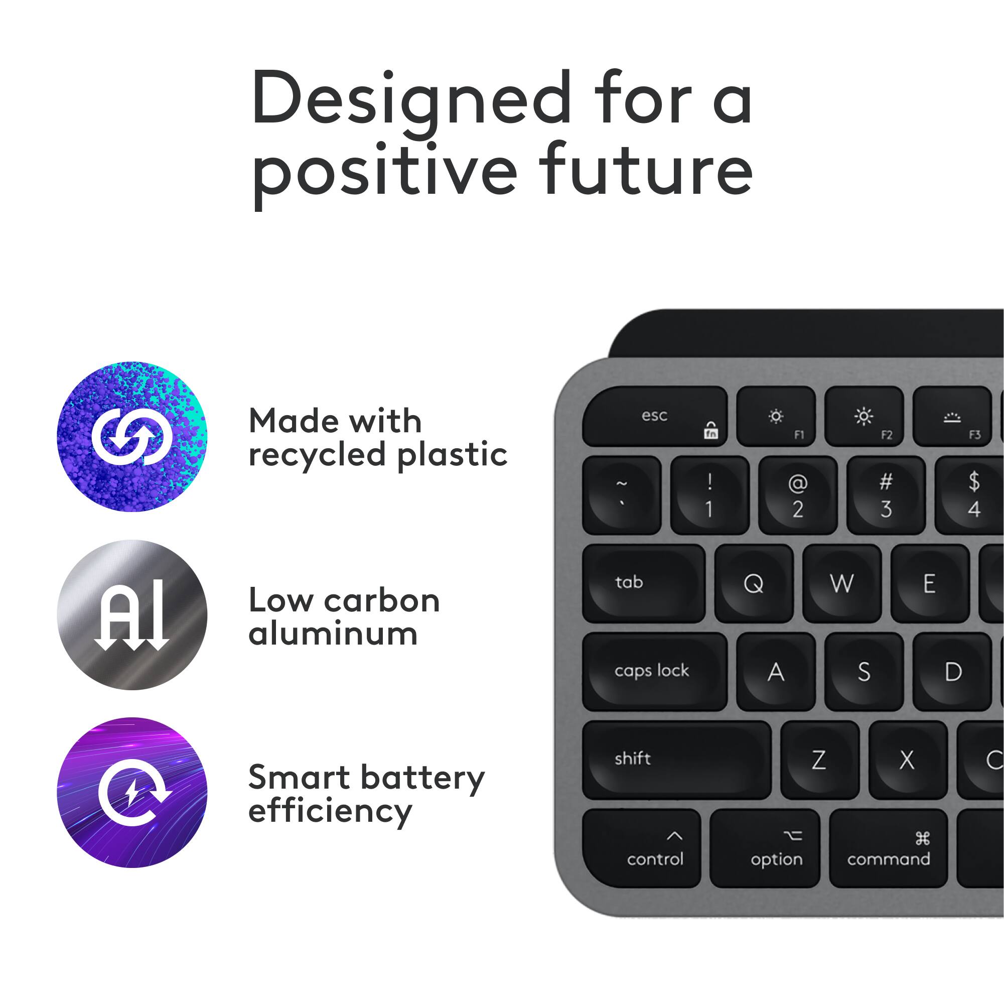 Designed for a positive future Made with recycled plastic - esc! 1 F1 2 F2 # 3 F3 $ 4 Al Low carbon aluminum tab caps lock A W S E D C Smart battery efficiency shift control Z X option command C