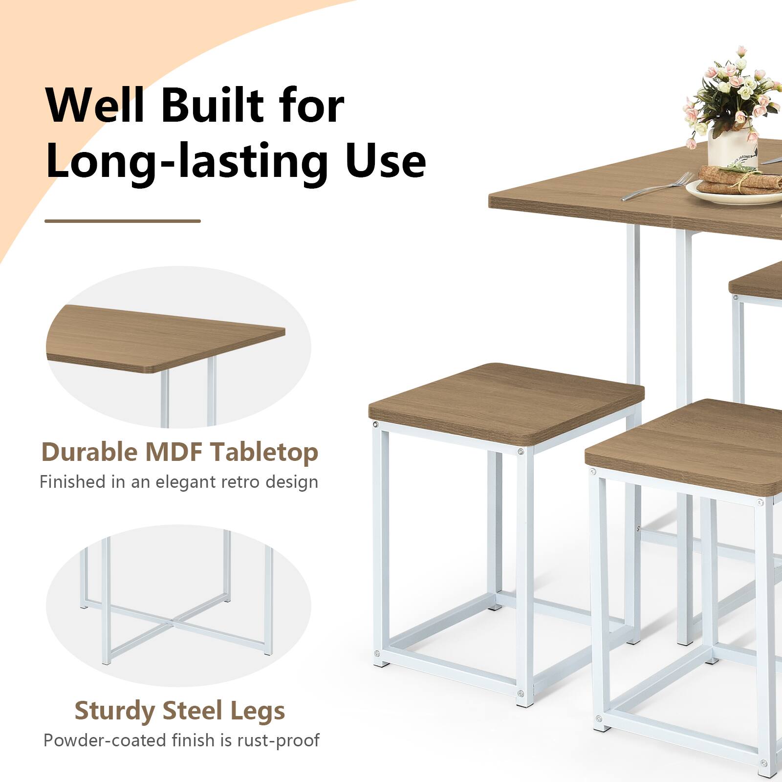 Well Built for Long-lasting Use
Durable MDF Tabletop
Finished in an elegant retro design
Sturdy Steel Legs
Powder-coated finish is rust-proof
