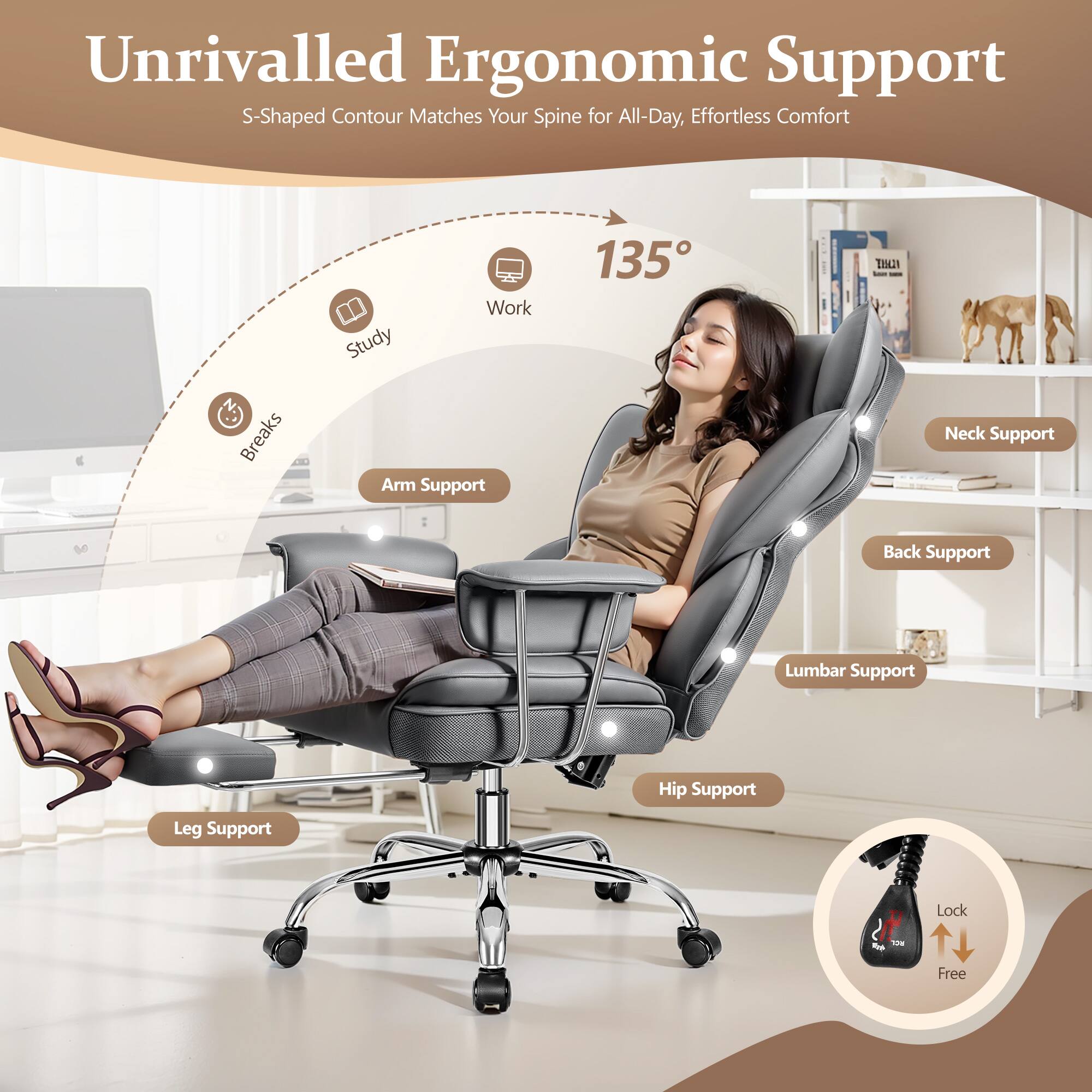 Unrivalled Ergonomic Support: S-Shaped Contour Matches Your Spine for All-Day, Effortless Comfort. Breaks Work Study Arm Support 135 TIM2N Neck Support Back Support Lumbar Support Hip Support Leg Support Lock - Free.