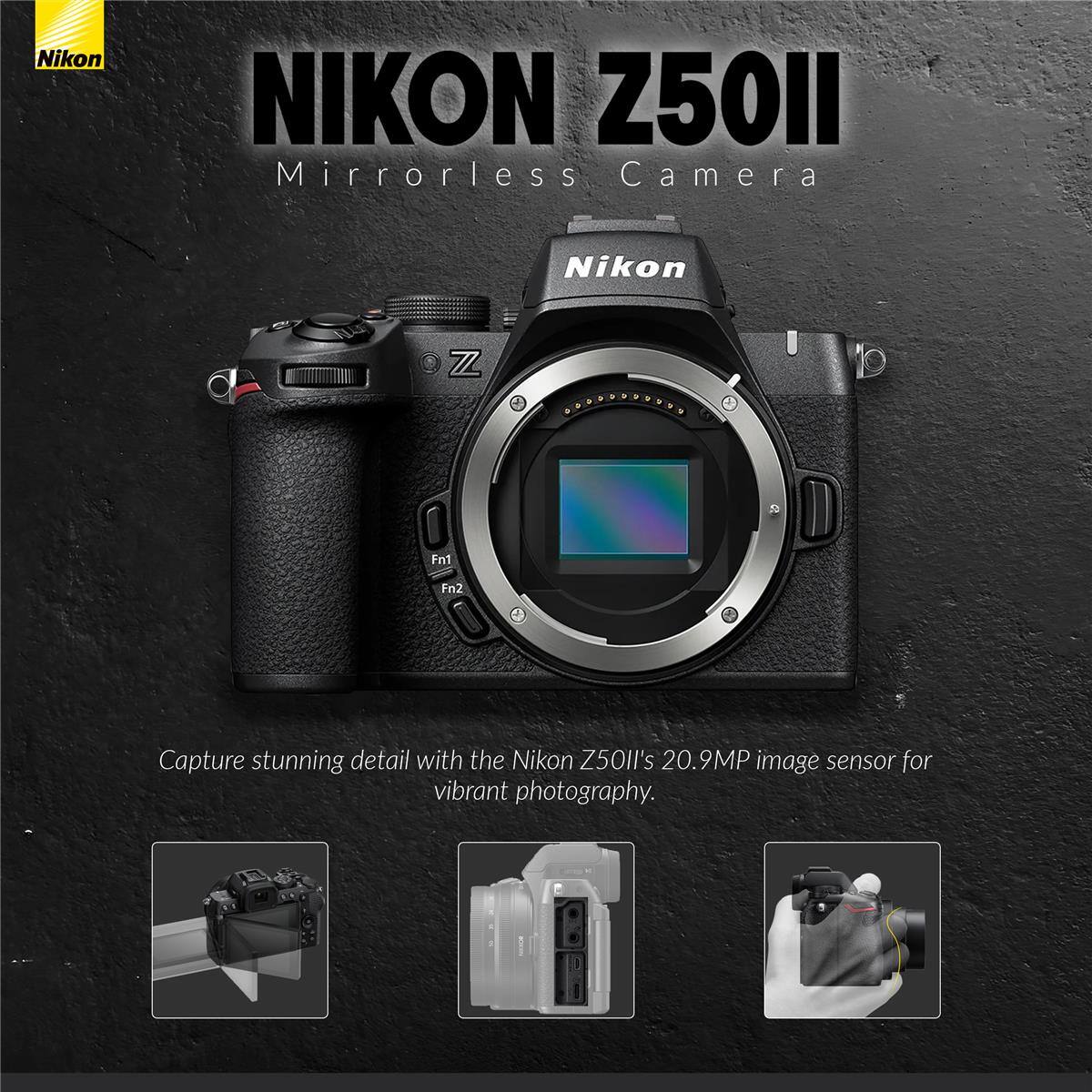 Nikon NIKON Z50II Mirrorless Camera Nikon 1 ZZ O Fn1 Fn2 Capture stunning detail with the Nikon Z50II's 20.9MP image sensor for vibrant photography.
