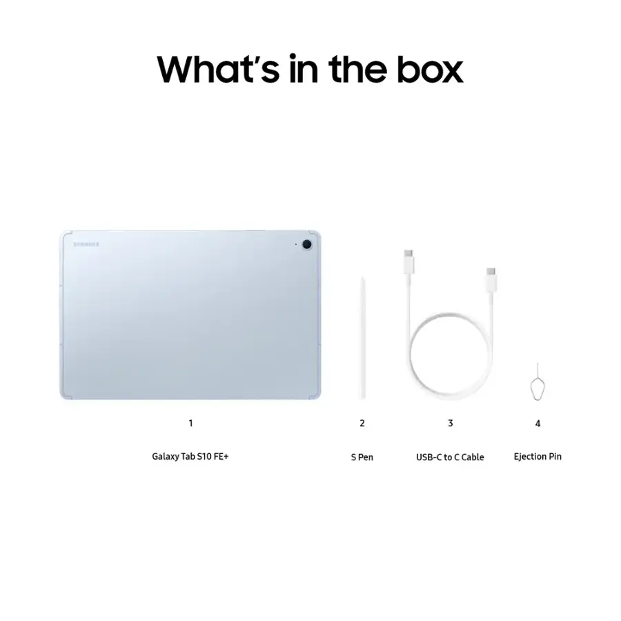 What's in the box: Samsung Galaxy Tab, 1 2 3 4, Pen, USB-C to C Cable, Ejection Pin.