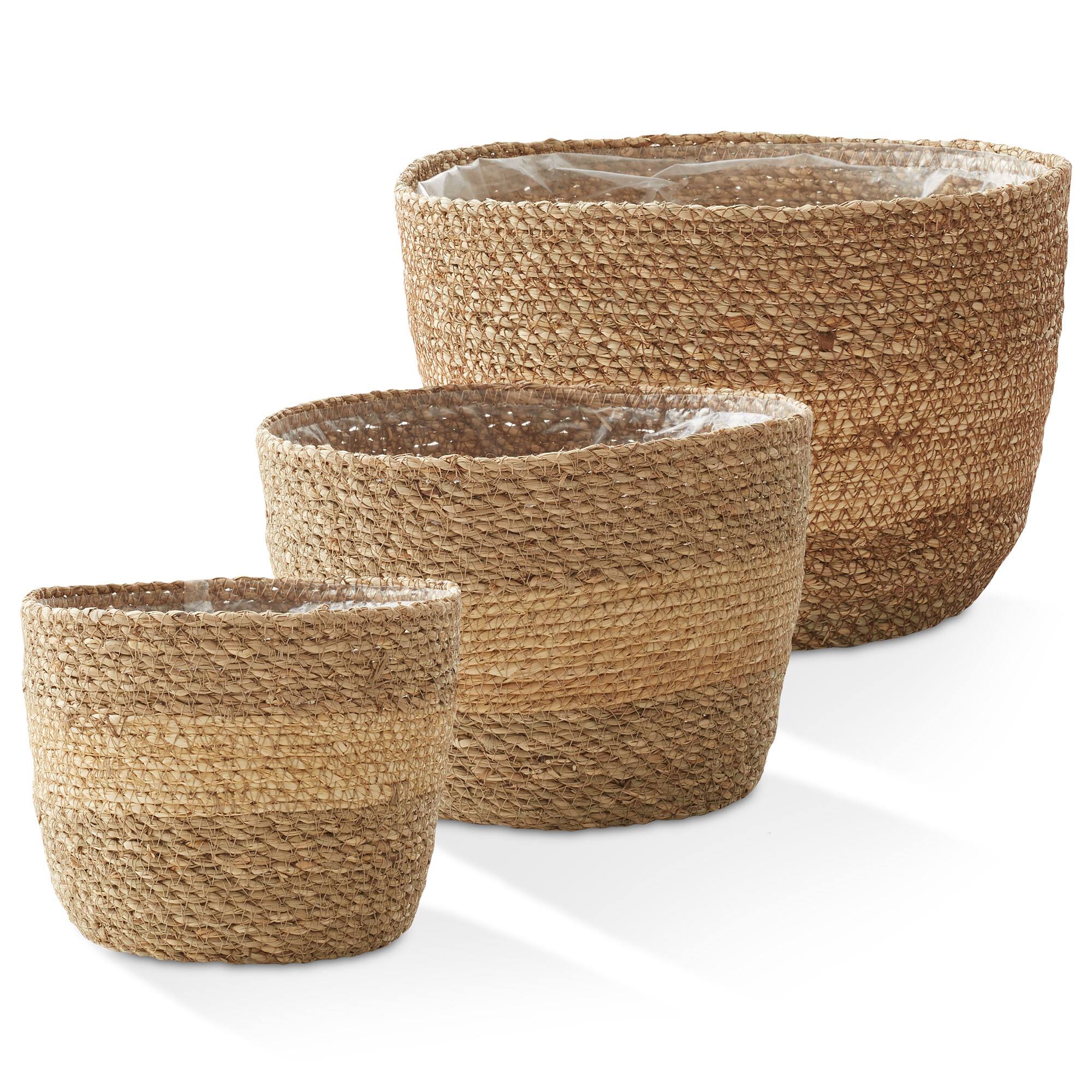 Alt View 2. Casafield - Set of 3 Seagrass Planter Baskets - Natural Flower Pot Covers w Liners - Two-Tone.