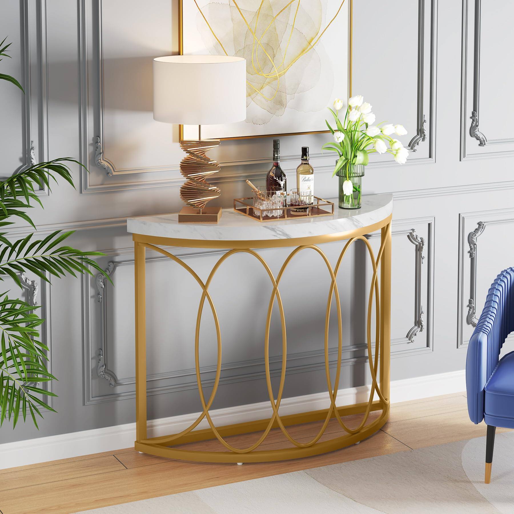 Back. Tribesigns - Half Moon Gold Console Table, 43 Inch Modern Faux Marble Entryway Table, Narrow Semi Circle Sofa Accent Table with Geome - Faux Marble White & Gold.
