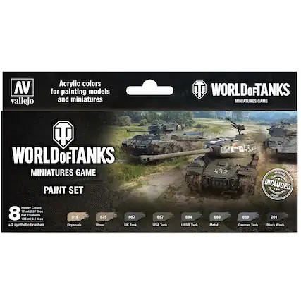 The text on the image is already grouped and correctly written. It reads: "AV Vallejo Acrylic Colors for painting models and miniatures. T World of Tanks Miniatures Game Paint Set. Hobby Colors 17 ml0 0.57 . oz 8 Net 136 mt4.6 Centents 1 Dz 819 875 897 4 2 synthetic brushes Drybrush Wood UK Tank 887 USA Tank 894 USSR Tank 4,32 863 Metal PAINTING INCLUDED GUIDE 869 201 German Tank Black Wash."