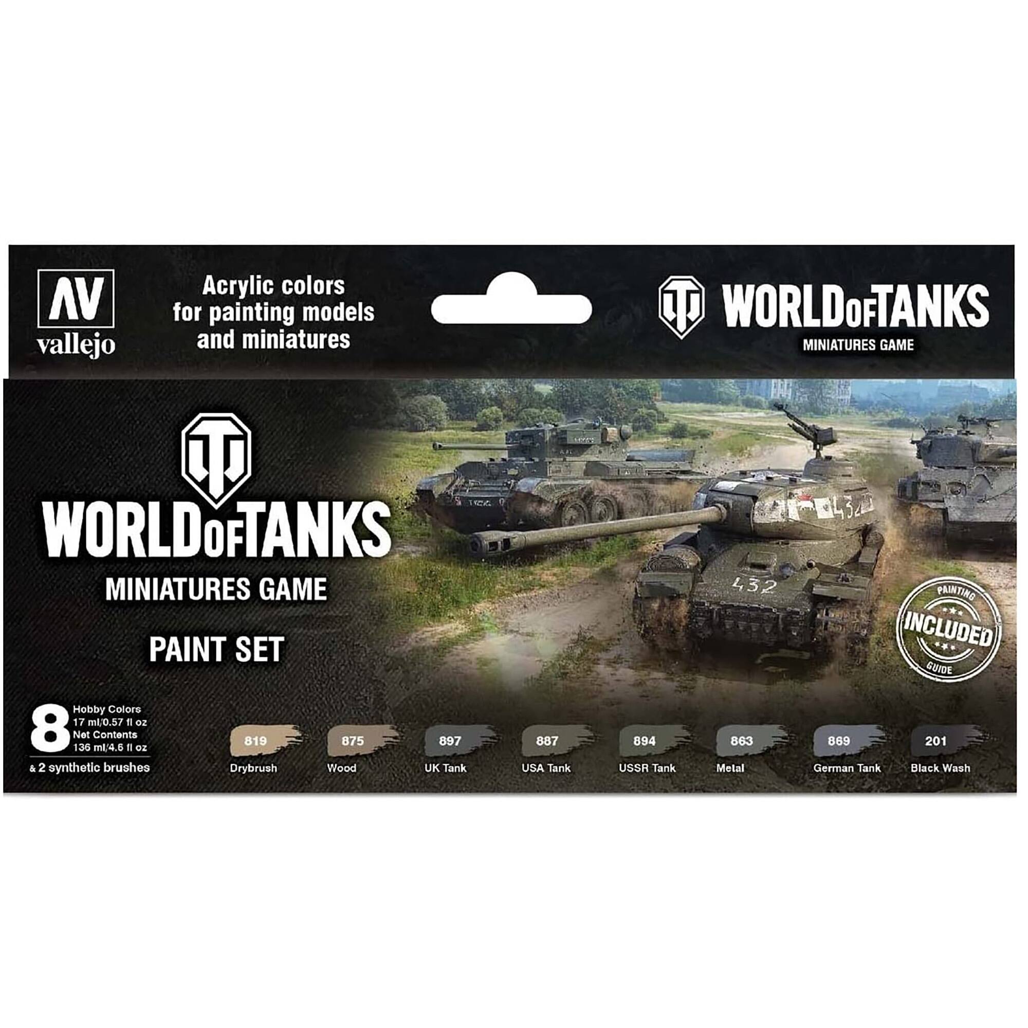The text on the image is already grouped and correctly written. It reads: "AV Vallejo Acrylic Colors for painting models and miniatures. T World of Tanks Miniatures Game Paint Set. Hobby Colors 17 ml0 0.57 . oz 8 Net 136 mt4.6 Centents 1 Dz 819 875 897 4 2 synthetic brushes Drybrush Wood UK Tank 887 USA Tank 894 USSR Tank 4,32 863 Metal PAINTING INCLUDED GUIDE 869 201 German Tank Black Wash."