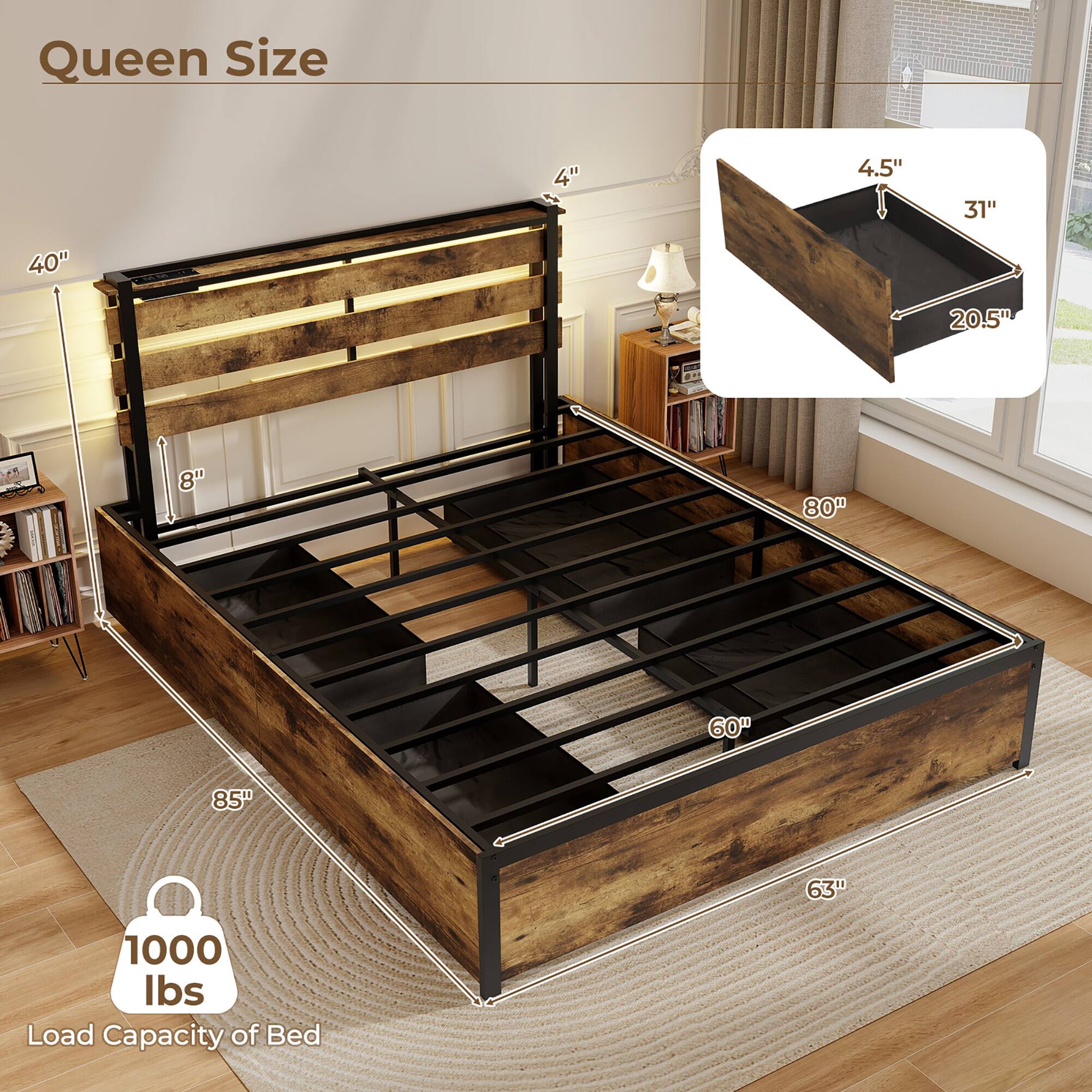 Queen Size

40"  
8"  
80"  
60"  
85"  
63"  
4"  
4.5"  
31"  
20.5"  

1000 lbs  
Load Capacity of Bed