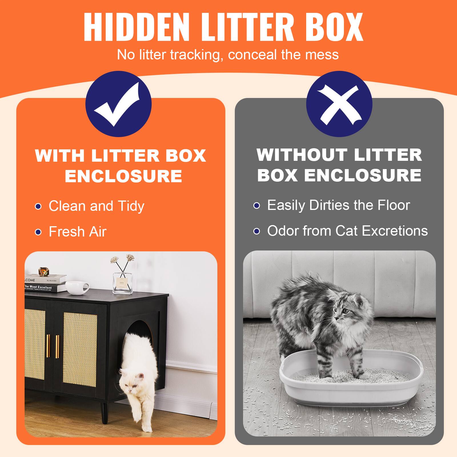**HIDDEN LITTER BOX**  
No litter tracking, conceal the mess

**WITH LITTER BOX ENCLOSURE**  
- Clean and Tidy  
- Fresh Air  

**WITHOUT LITTER BOX ENCLOSURE**  
- Easily Dirties the Floor  
- Odor from Cat Excretions
