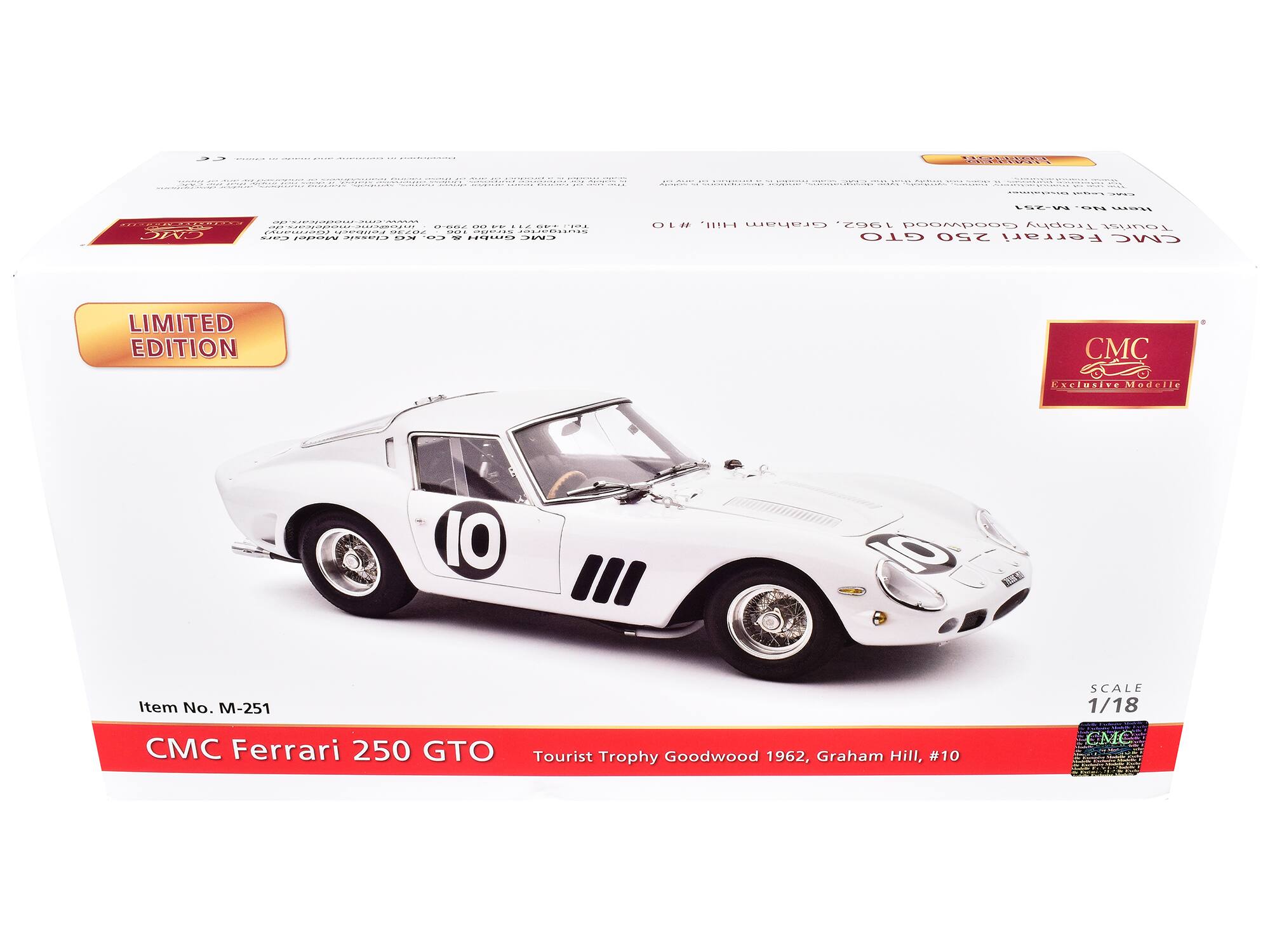0 TRRISN HA CCCE | . LSAW ON LIS .... ......... I RE0 CE.CCO- ... .... .. .- DOPIIA ..... t.ce ............. FO...... .... ..... ..... | DRO C.E. 1ODOEN  ..N .. - .. IM OLH *..T.. Graham 1062 Goodwood Trophy Tourist GTO 250 Ferrari CMC LIMITED EDITION CMC  Exclusive oels 10 III S 13 Item No. M-251 SCALL 1/18 CMC Ferrari 250 GTO Tourist Trophy Goodwood 1962, Graham Hill, #10