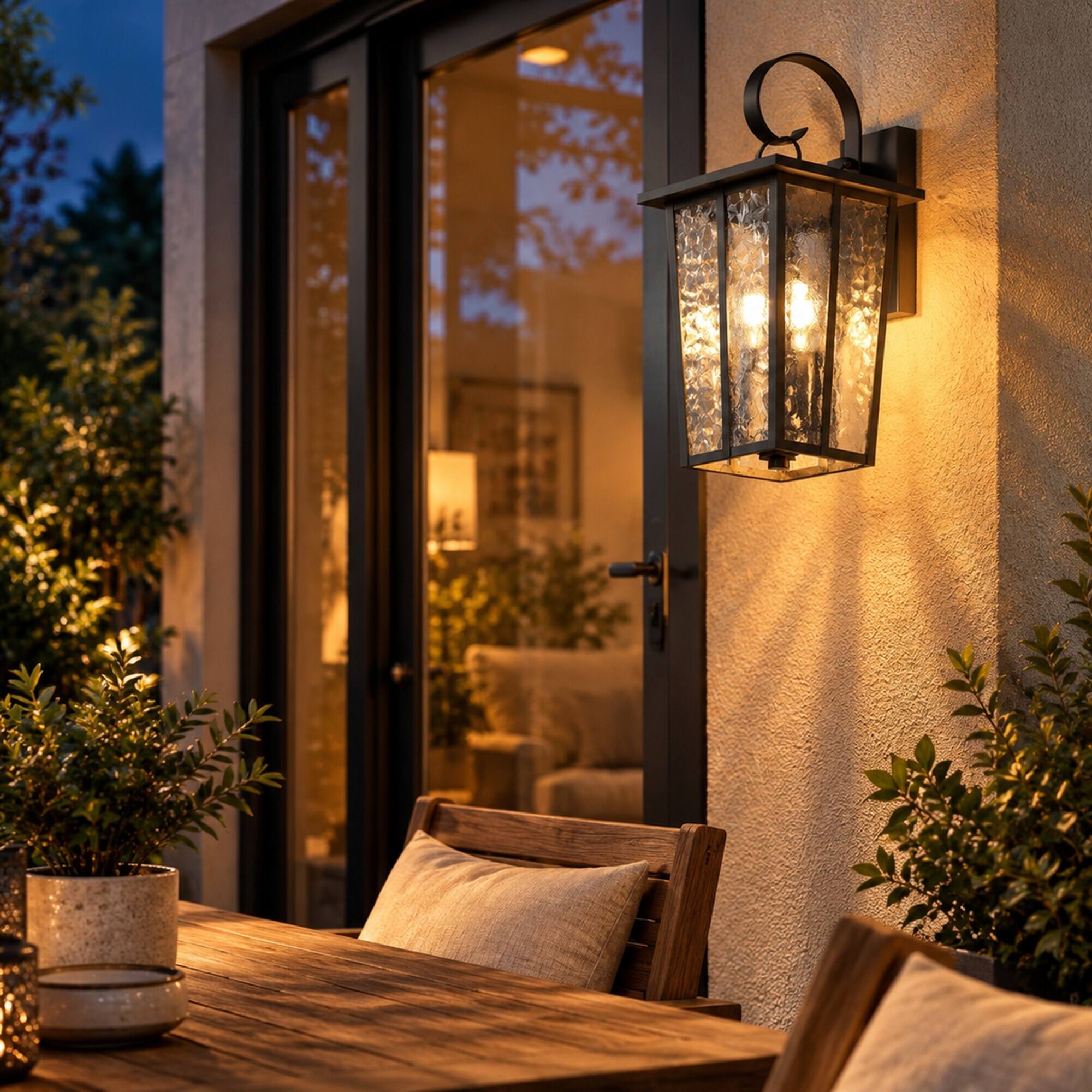 Alt View 3. RYHNUYNE - Dusk To Dawn 18.5 In Outdoor Wall Lantern, 3-Light Waterproof Ripple Glass Exterior Light Fixture Black - Black.