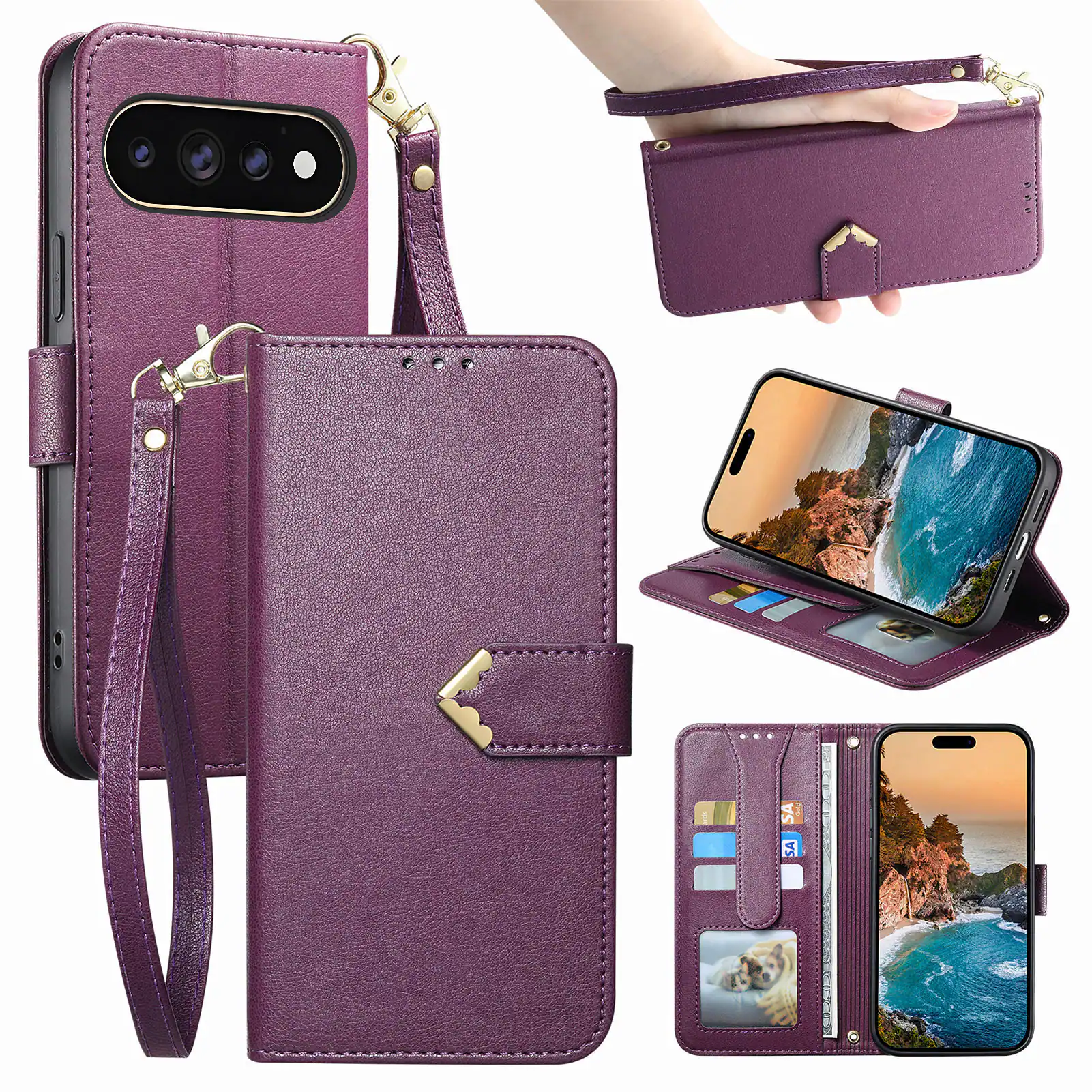 Front. Dteck - Leather Wallet Case for Google Pixel 11 Pro XL with Crossbody Strap, Shockproof Card Holder Kickstand Protective Cover - Purple.