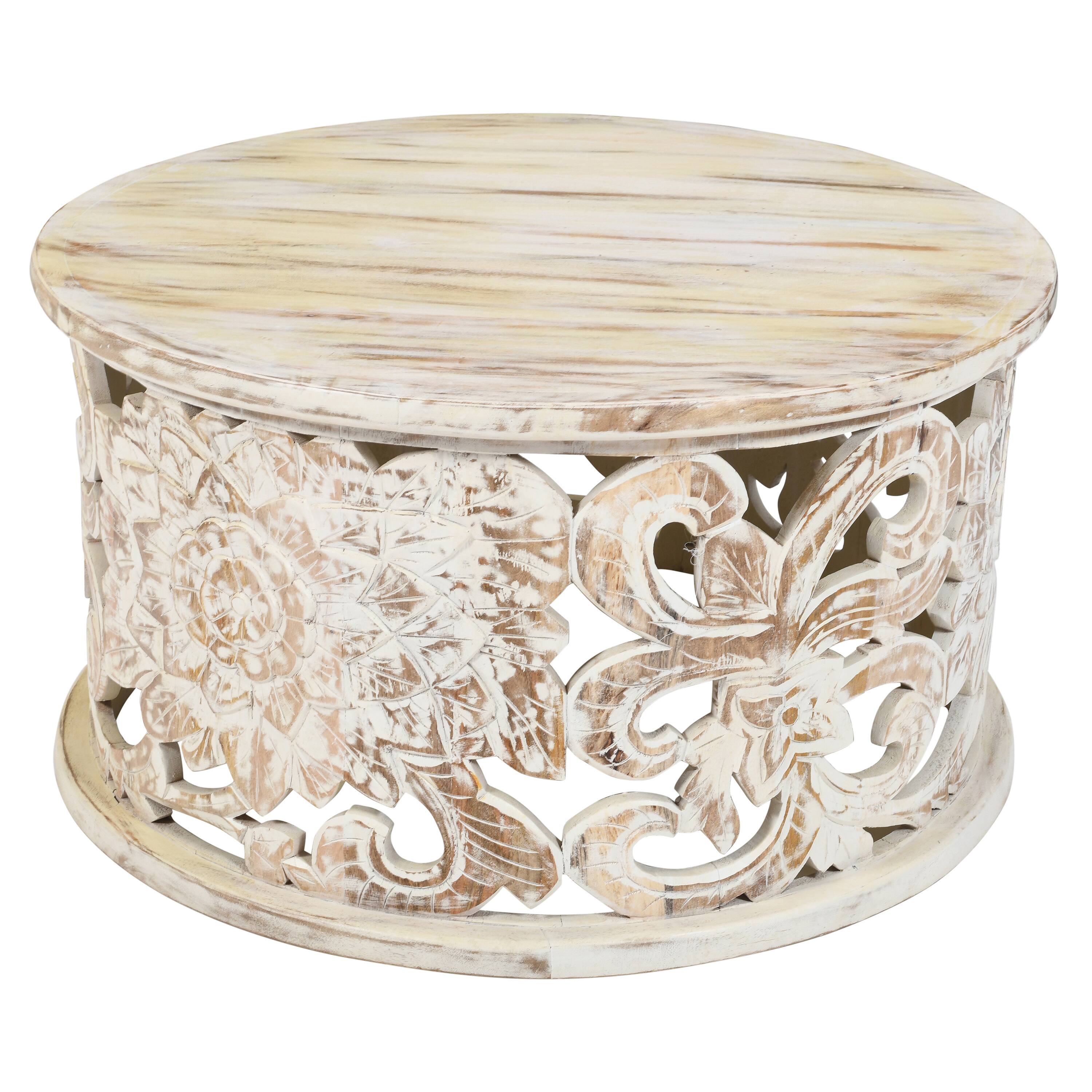 Angle. Manhattan Lane - Alina Coffee Table Handcrafted Mango Wood Floral Carved Cut Out Design Distressed White Finish 33 Inch - White.