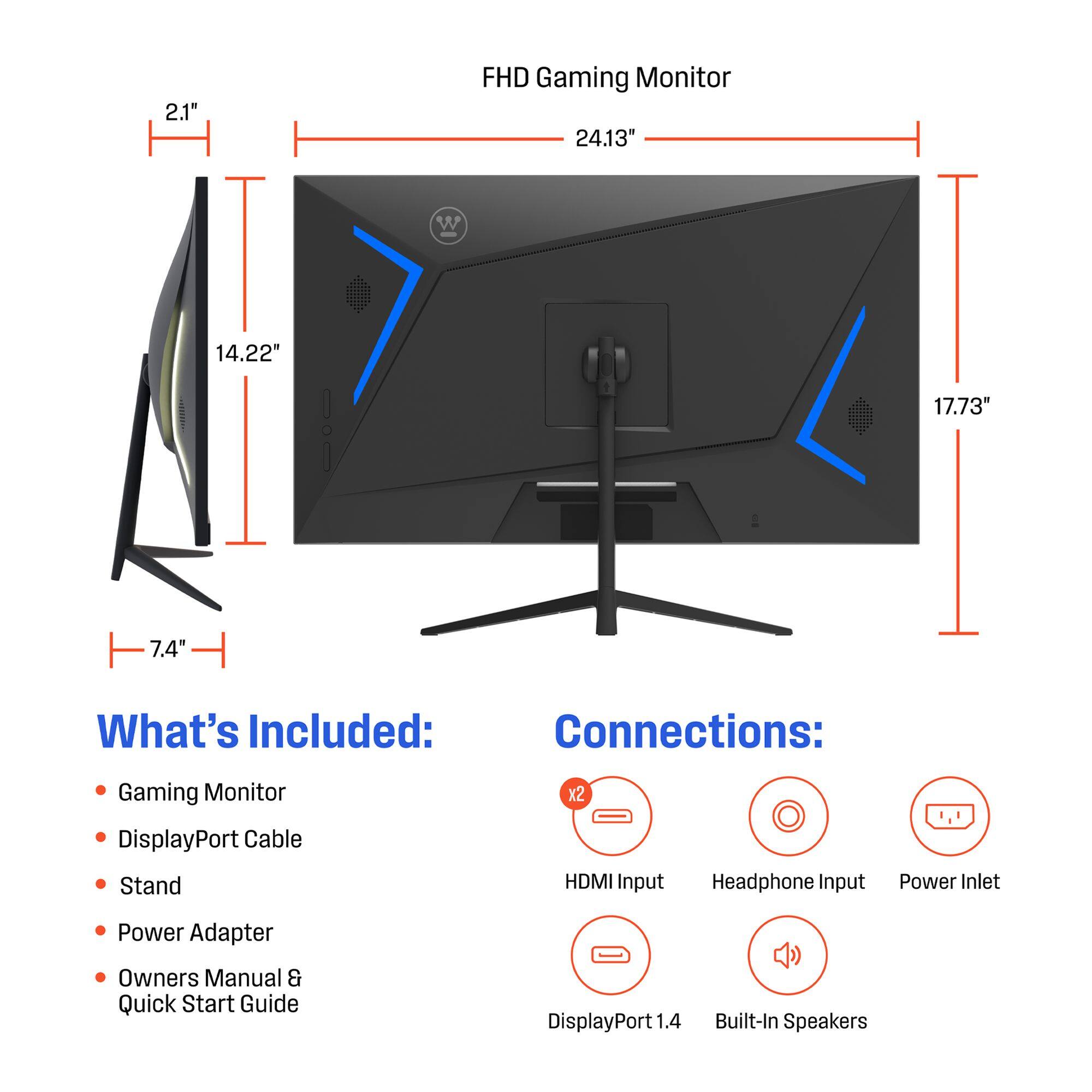 The text on the image is already grouped and correctly written. It describes a 2.1" FHD Gaming Monitor with a 24.13" W 14.22" 17.73" 7.4" screen size. The monitor comes with a DisplayPort cable, two stands, an HDMI input, a headphone input, a power inlet, a power adapter, an owners manual, and a quick start guide. The monitor also features DisplayPort 1.4 technology and built-in speakers.