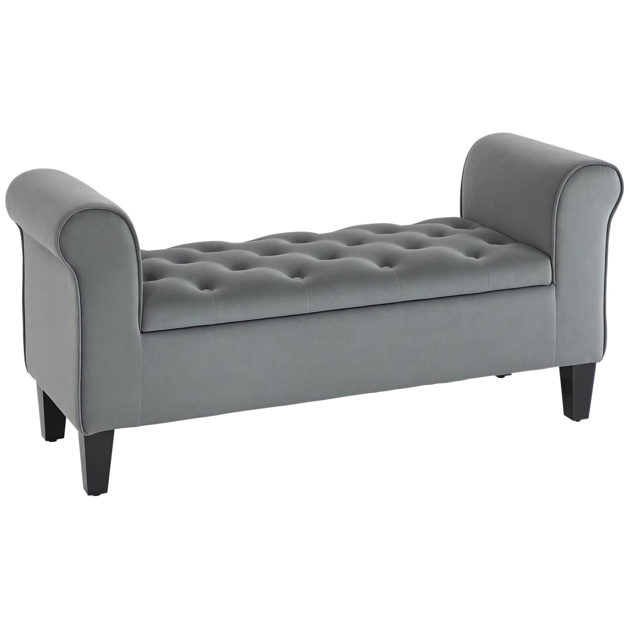 Front. Homcom - Button-Tufted Storage Ottoman Bench w/ Rolled Armrests - Grey.