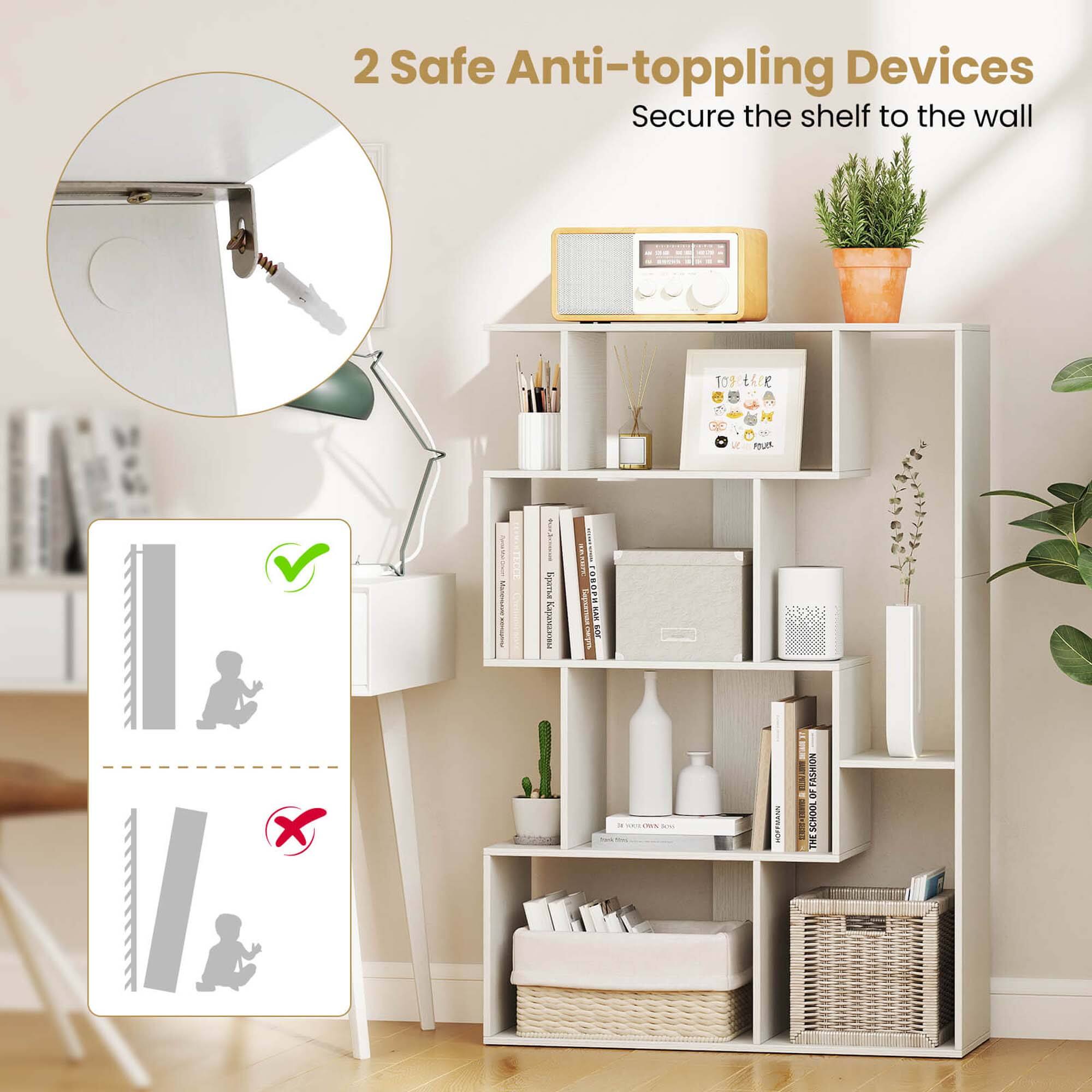 2 Safe Anti-toppling Devices Secure the shelf to the wall.