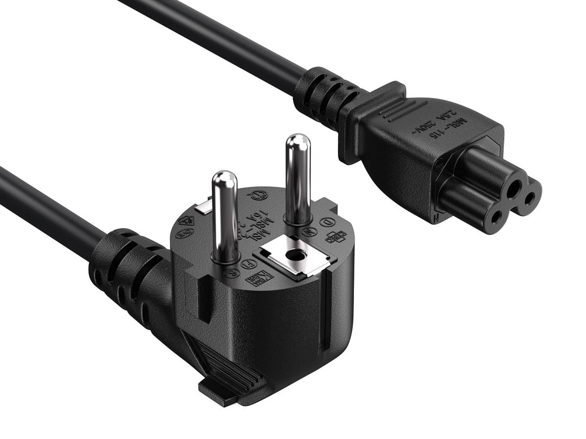 Cable Leader - IEC C5 Power Cord, Right Angle European Schuko CEE 7/7 Plug, 2.5A 250V for Laptop Charger, Projector, Printer - Black
