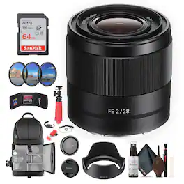 Bundle - Sony - FE 28mm f/2 Lens (SEL28F20) + 64GB Card + Filter Kit + Backpack + More - - Black