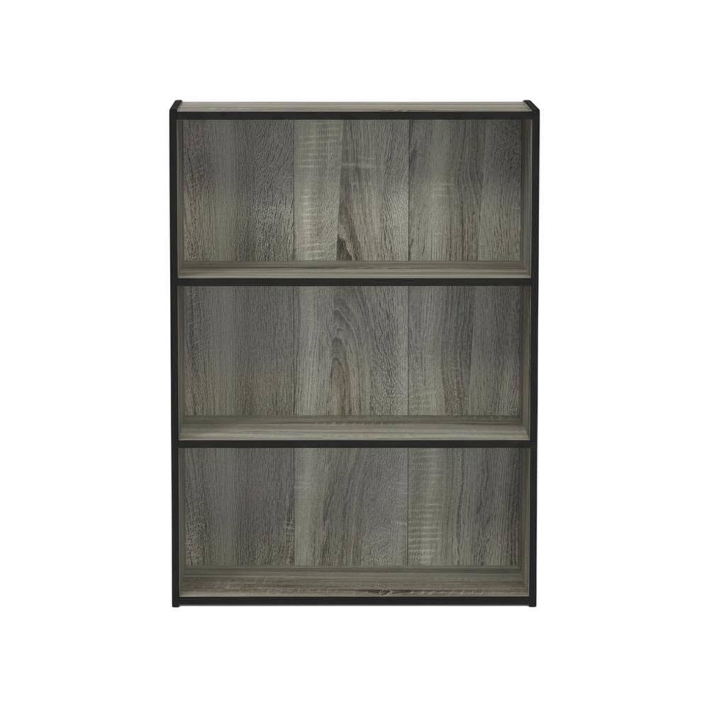 Back. FurniFact - 3 Tier Open Shelf Bookcase with French Oak Grey Finish for Contemporary Storage - French Oak Grey.