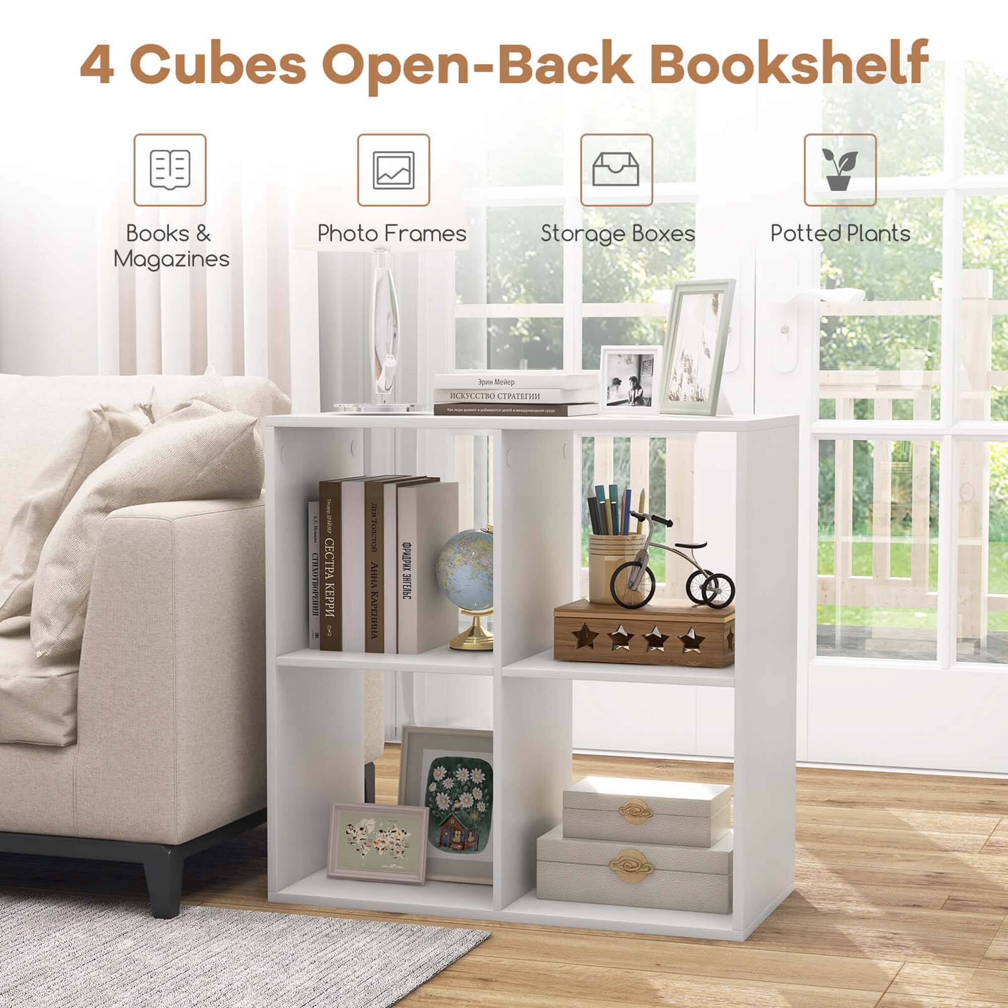4 Cubes Open-Back Bookshelf Books & Magazines Photo Frames Storage Boxes Potted Plants Magazines