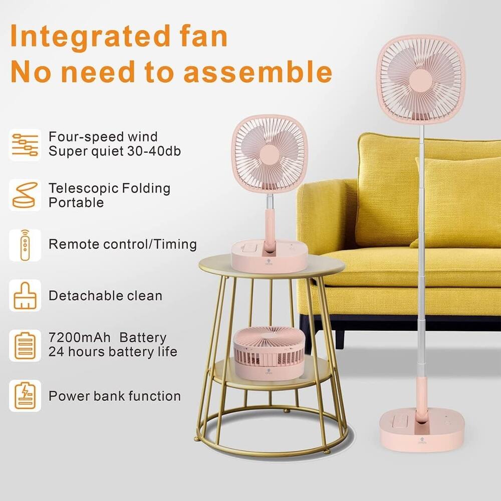 Integrated fan  
No need to assemble  

Four-speed wind  
Super quiet 30-40db  

Telescopic Folding  
Portable  

Remote control/Timing  
Detachable clean  

7200mAh Battery  
24 hours battery life  

Power bank function