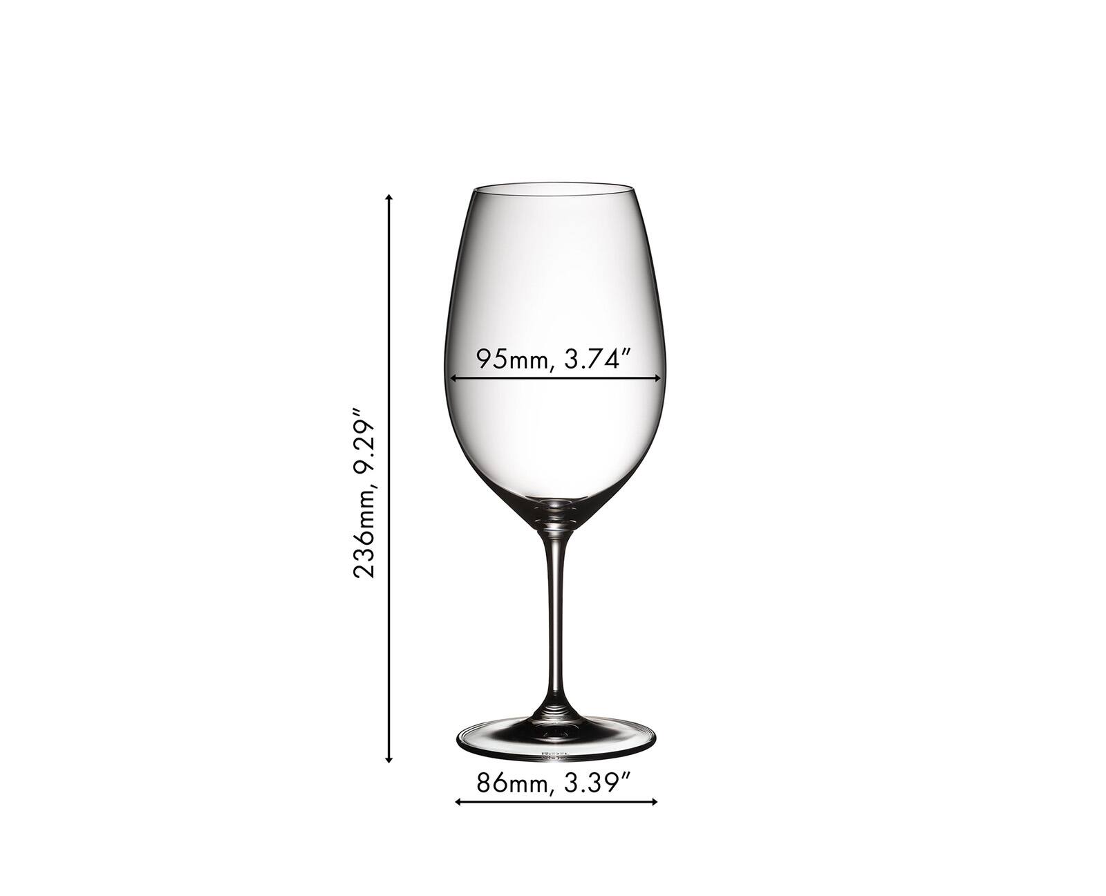 9.29" 236mm, 95mm, 3.74" 86mm, 3.39"