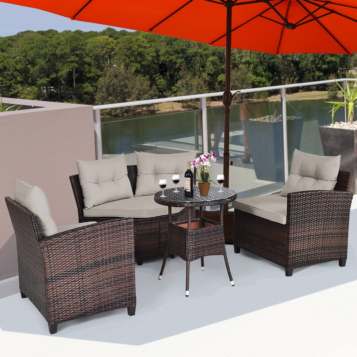 Alt View 2. Gymax - Gymax 4PCS Patio Furniture Set Outdoor Rattan Sectional w/ Cushioned Sofa Table - Dark Brown.
