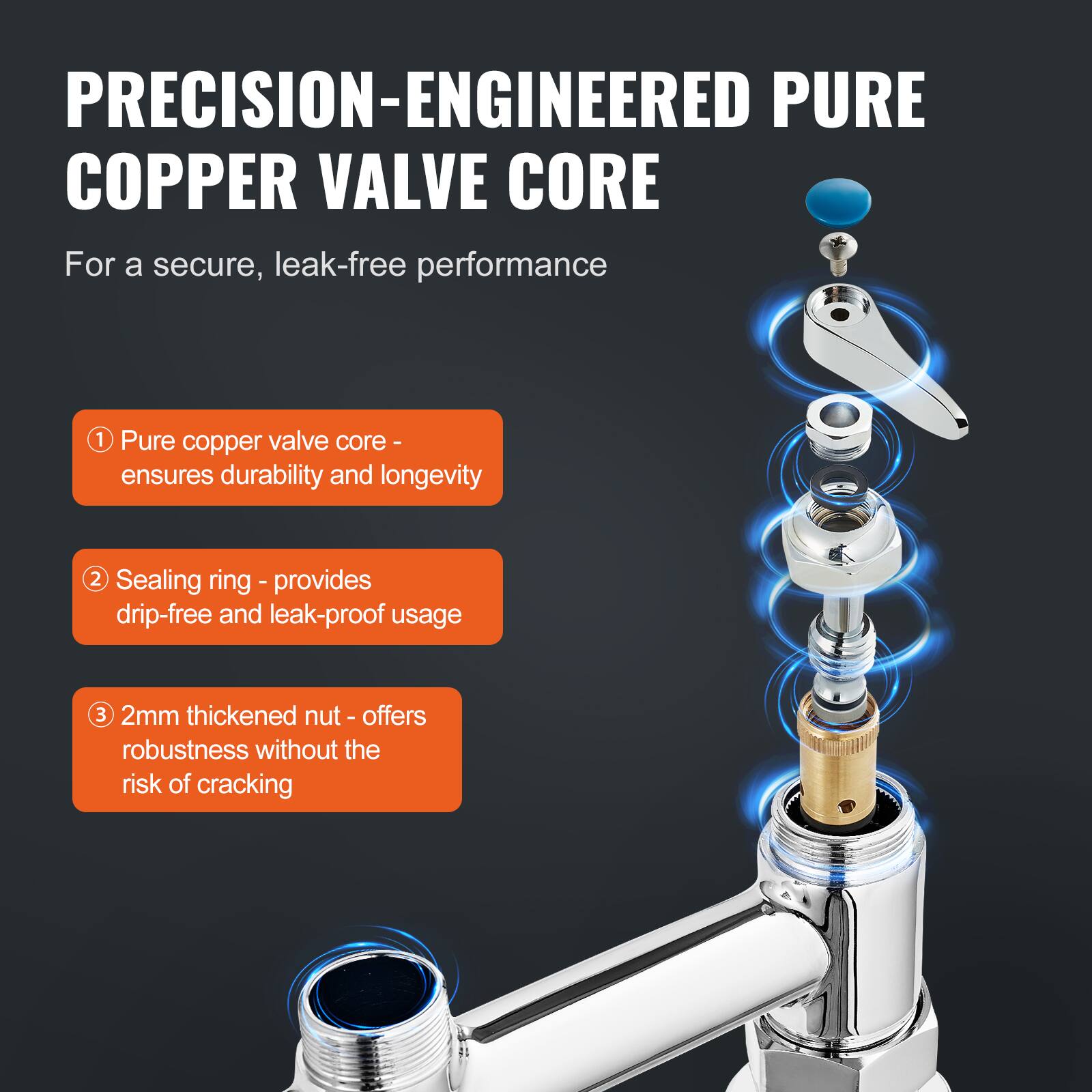 PRECISION-ENGINEERED PURE COPPER VALVE CORE  
For a secure, leak-free performance  

1. Pure copper valve core - ensures durability and longevity  
2. Sealing ring - provides drip-free and leak-proof usage  
3. 2mm thickened nut - offers robustness without the risk of cracking