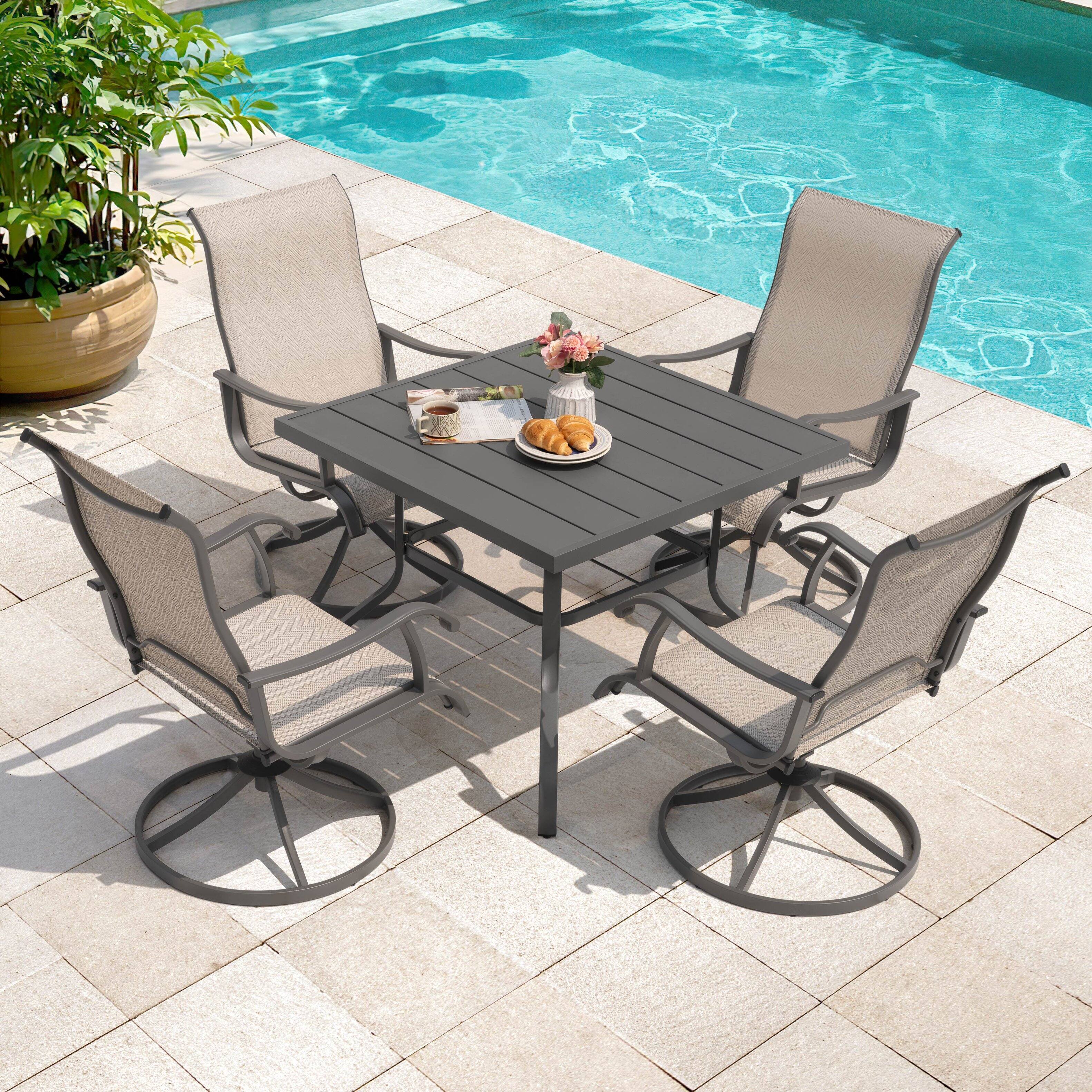 Alt View 7. Nuu Garden - Patio 5 Pieces Textilene Dining Set with Swivel Design, Umbrella Hole - Beige and Gray.