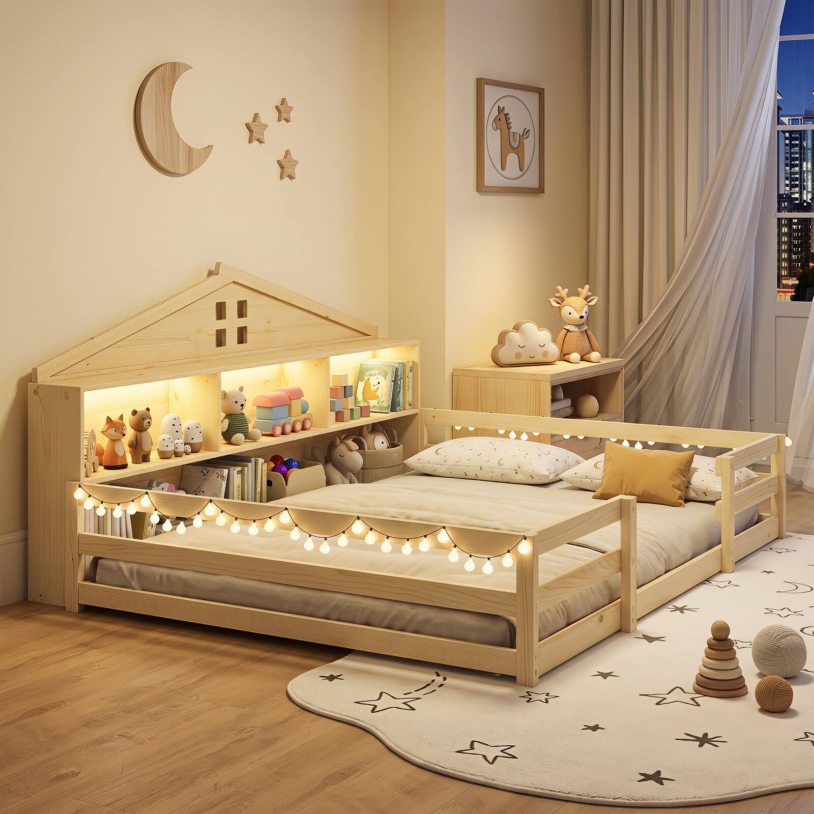 Alt View 4. Costway - Costway Full Size Montessori Floor Bed with LED Lights Safety Guardrails Compartments Shelf - Natural.
