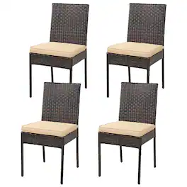 Costway - PE Wicker Patio Chairs Set of 4, Outdoor Dining Chairs with Cushions, Metal Frame - Brown + Beige