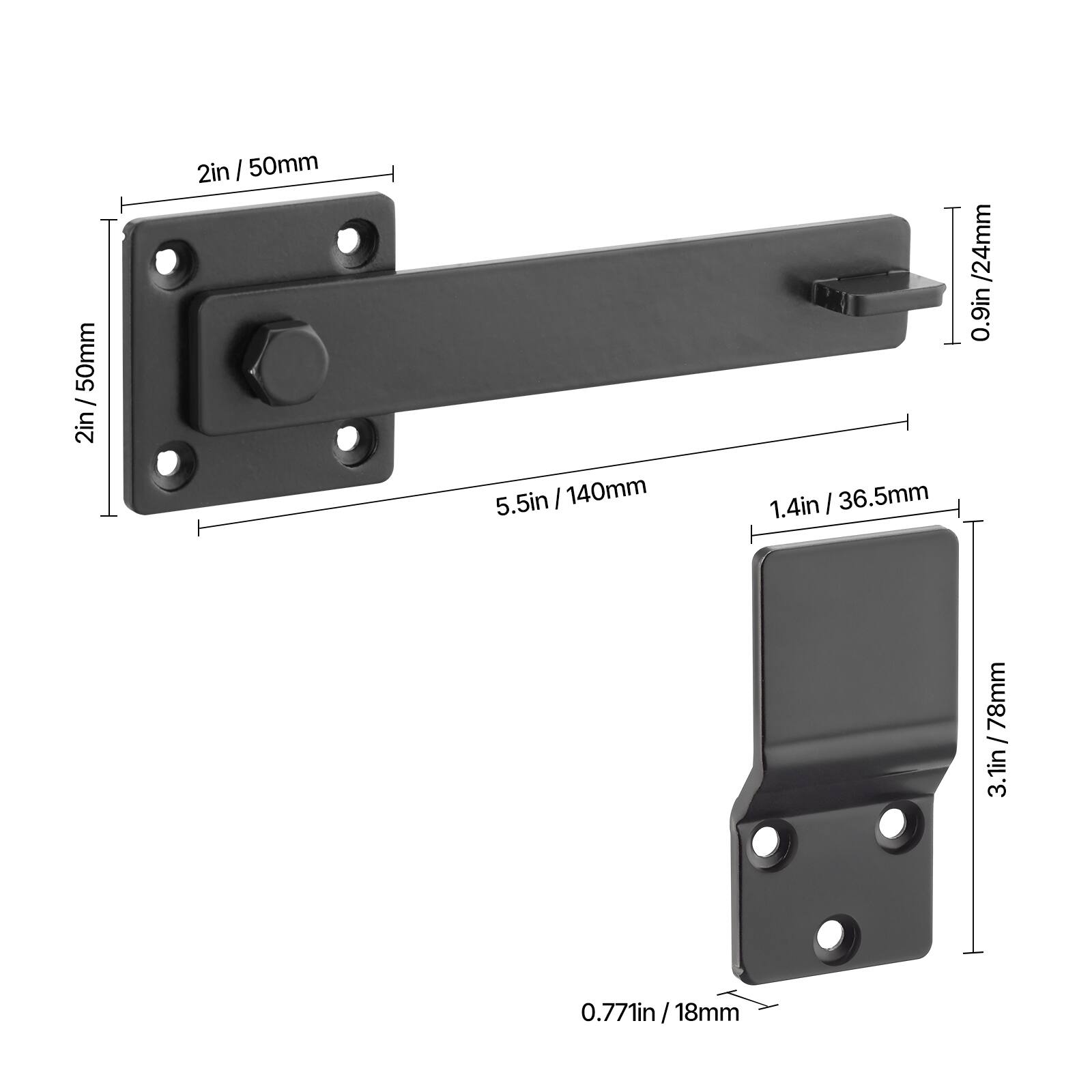 - 2in / 50mm
- 5.5in / 140mm
- 1.4in / 36.5mm
- 0.9in / 24mm
- 3.1in / 78mm
- 0.771in / 18mm