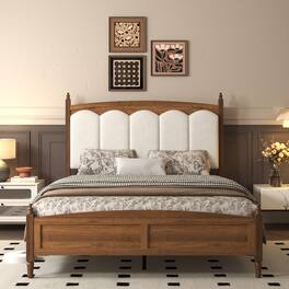 LUCKY ONE - Queen Size Platform Bed Frame with Upholstered Headboard - Brown