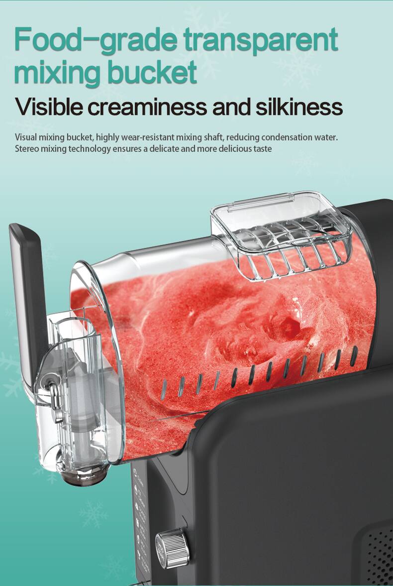 Food-grade transparent mixing bucket  
Visible creaminess and silkiness  
Visual mixing bucket, highly wear-resistant mixing shaft, reducing condensation water.  
Stereo mixing technology ensures a delicate and more delicious taste