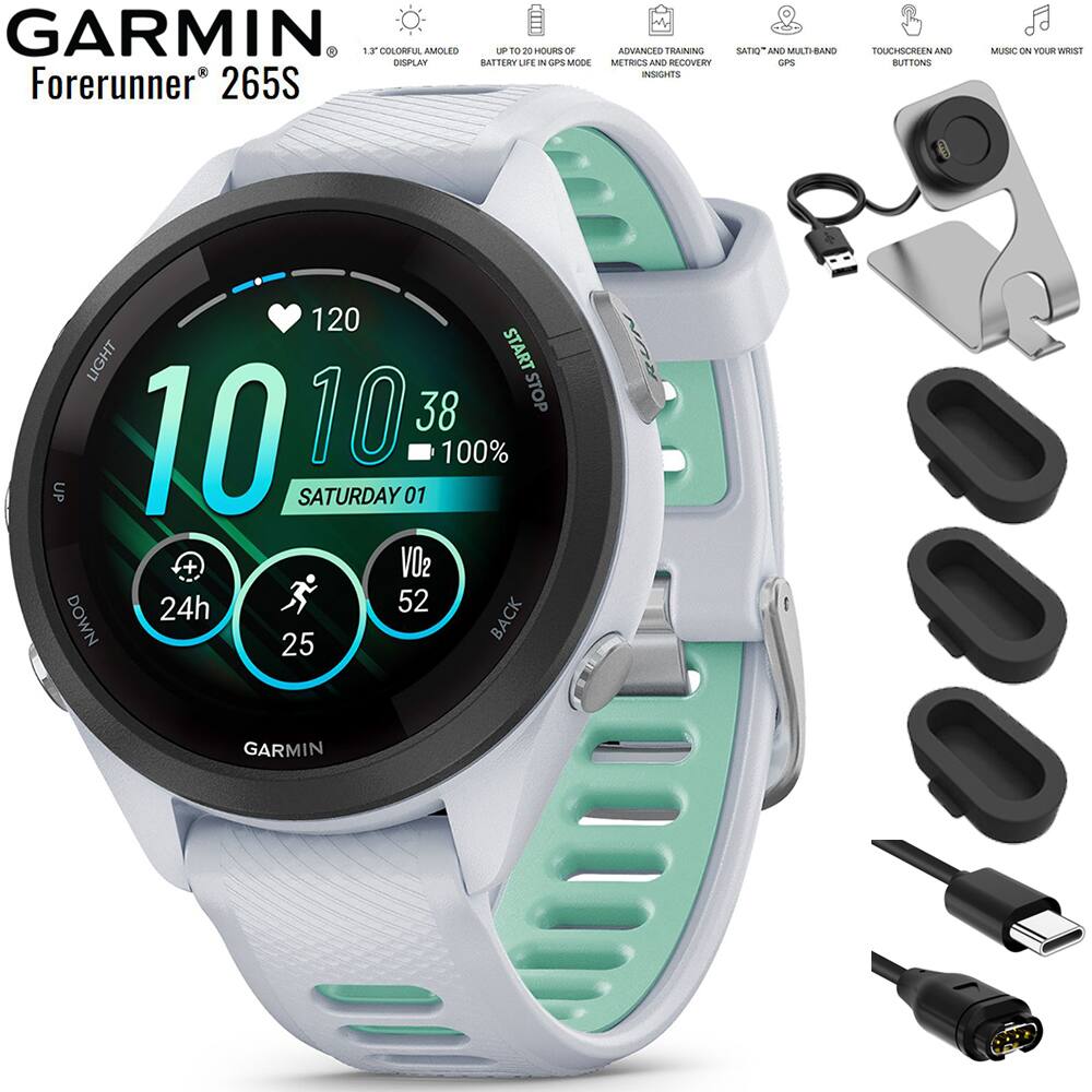 GARMIN Forerunner 265S

1.3" COLORFUL AMOLED DISPLAY

- UP TO 26 HOURS BATTERY LIFE
- FEATURES OF GPS MODE
- ADVANCED TRAINING METRICS AND RECOVERY INSIGHTS
- "SATT" AND MULTI-BAND GPS
- TOUCHSCREEN AND BUTTONS
- MUSIC ON YOUR WRIST

120
10 10 38
100%
SATURDAY 01
24h
25
VO2 52