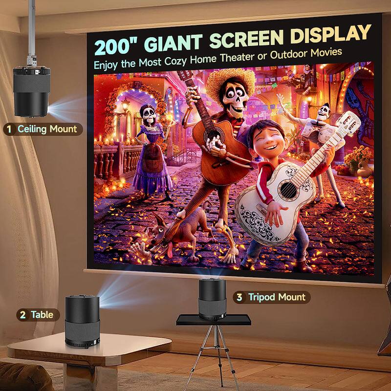 200" Giant Screen Display  
Enjoy the Most Cozy Home Theater or Outdoor Movies  

1. Ceiling Mount  
2. Table  
3. Tripod Mount