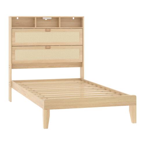 Alt View 4. Winado - Bed Frame with Storage Headboard and Charging Station, Rattan Platform Bed Wood Bed with Shelves, No Box Spring Needed - Natural,Twin Size.