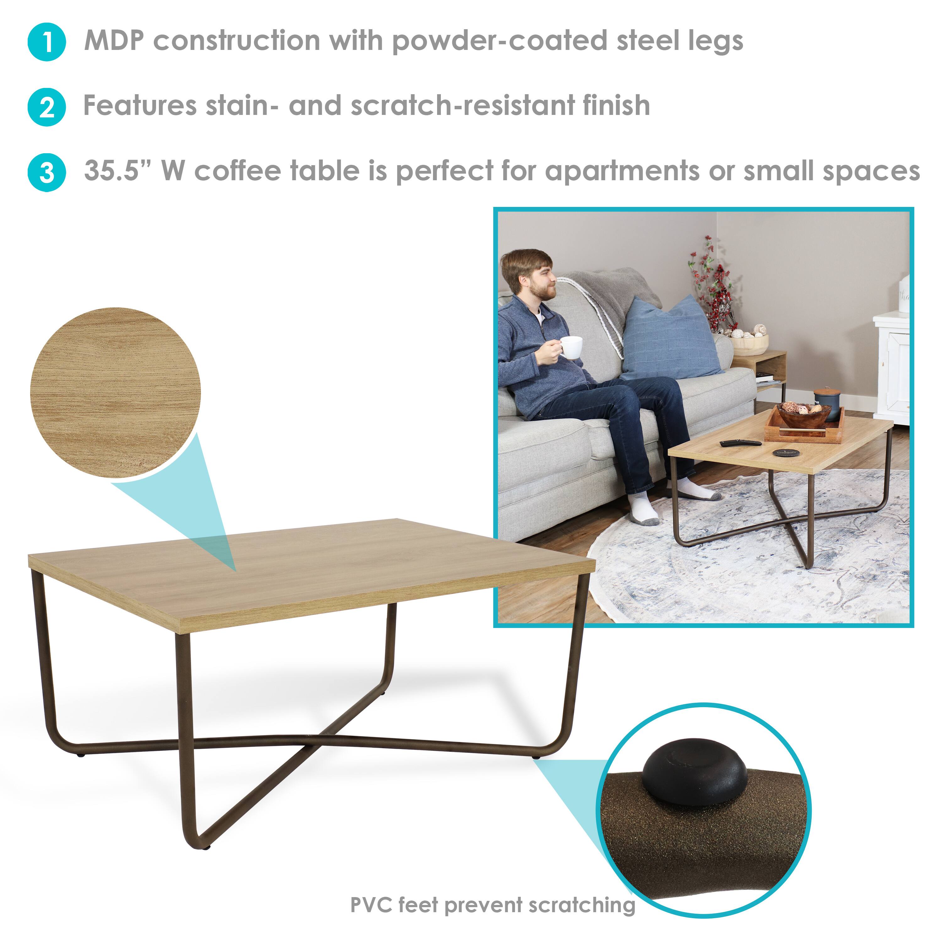 1. MDP construction with powder-coated steel legs  
2. Features stain- and scratch-resistant finish  
3. 35.5" W coffee table is perfect for apartments or small spaces  
PVC feet prevent scratching