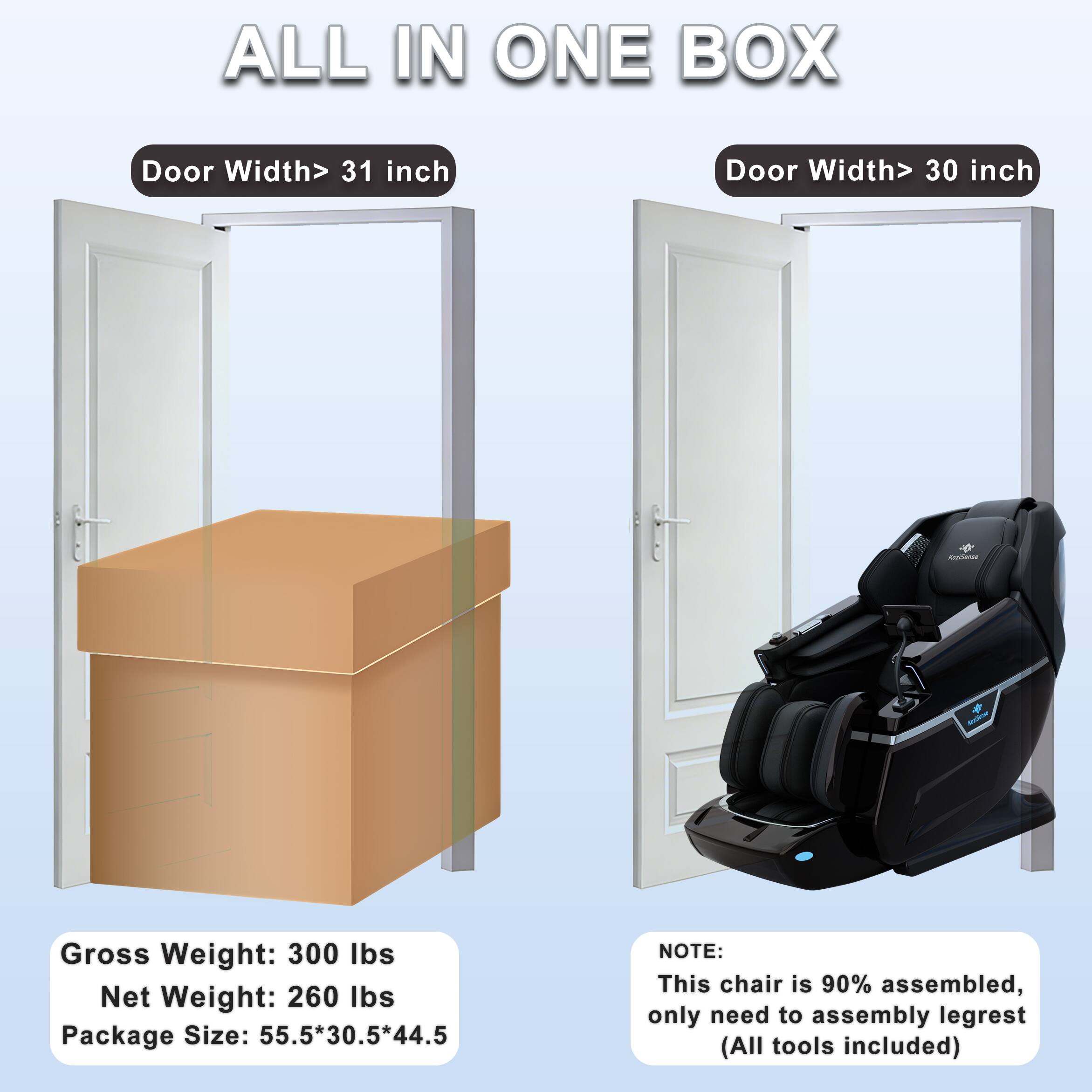 ALL IN ONE BOX

Door Width > 31 inch  
Door Width > 30 inch  

Gross Weight: 300 lbs  
Net Weight: 260 lbs  
Package Size: 55.5*30.5*44.5  

NOTE:  
This chair is 90% assembled, only need to assemble legrest (All tools included)