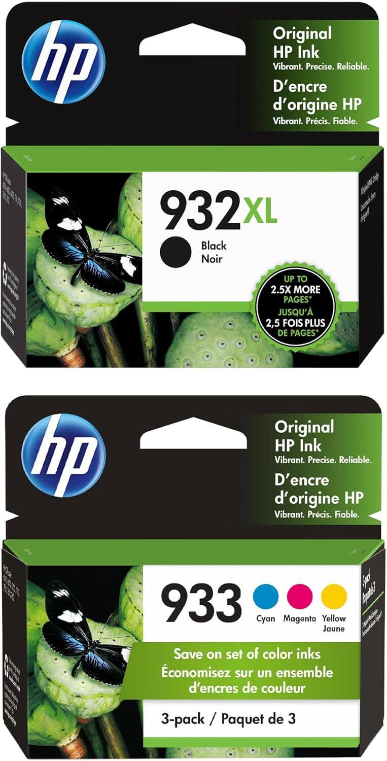 Original HP Ink  
Vibrant. Precise. Reliable.  
D'encre d'origine HP  
Vibrant. Précis. Fiable.  

932XL  
Black Noir  
UP TO 2.5X MORE PAGES  
JUSQU'À 2,5 FOIS PLUS DE PAGES  

Original HP Ink  
Vibrant. Precise. Reliable.  
D'encre d'origine HP  
Vibrant. Précis. Fiable.  

933  
Cyan Magenta Yellow Jaune  
Save on set of color inks  
Économisez sur un ensemble d'encre de couleur  
3-pack / Paquet de 3
