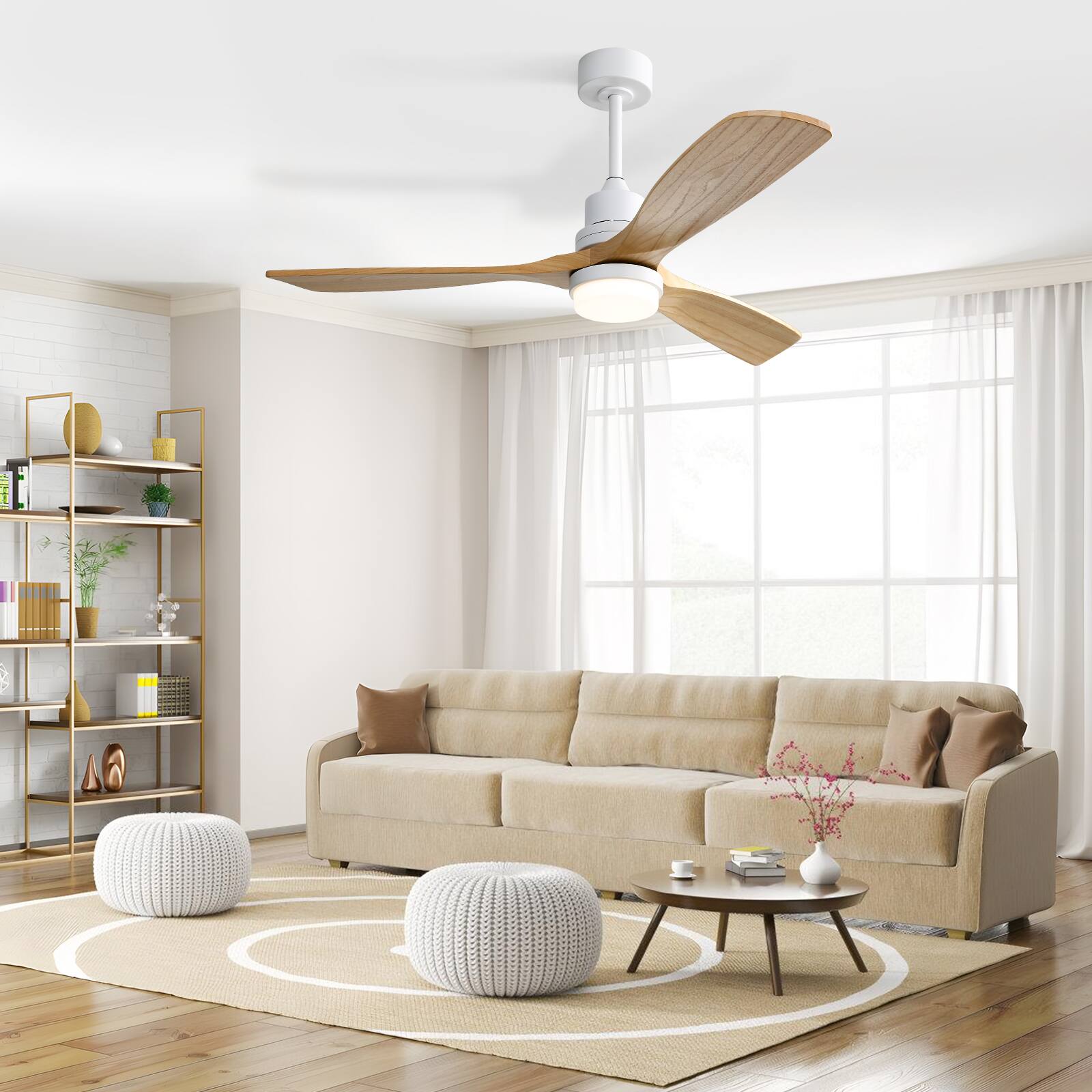 Alt View 5. Sofucor - 52 Inch Solid Wood Ceiling Fan with Dimmable LED & Remote Control/6 Speed/Quiet Reversible DC Ceiling Fan for Bedroom - White.