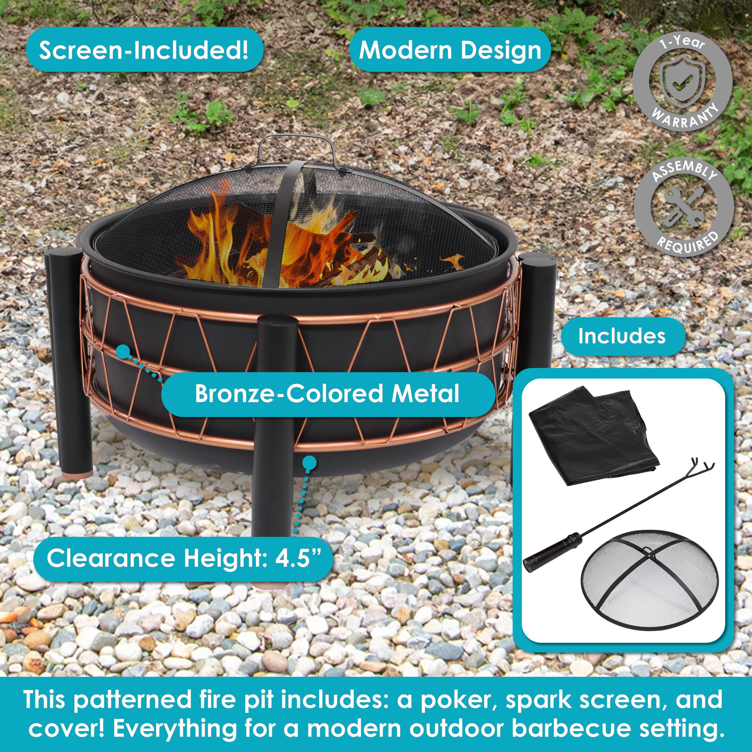 Screen-Included!  
Modern Design  
1-Year Warranty  
Assembly Required  

Includes Bronze-Colored Metal  
Clearance Height: 4.5"  

This patterned fire pit includes: a poker, spark screen, and cover! Everything for a modern outdoor barbecue setting.