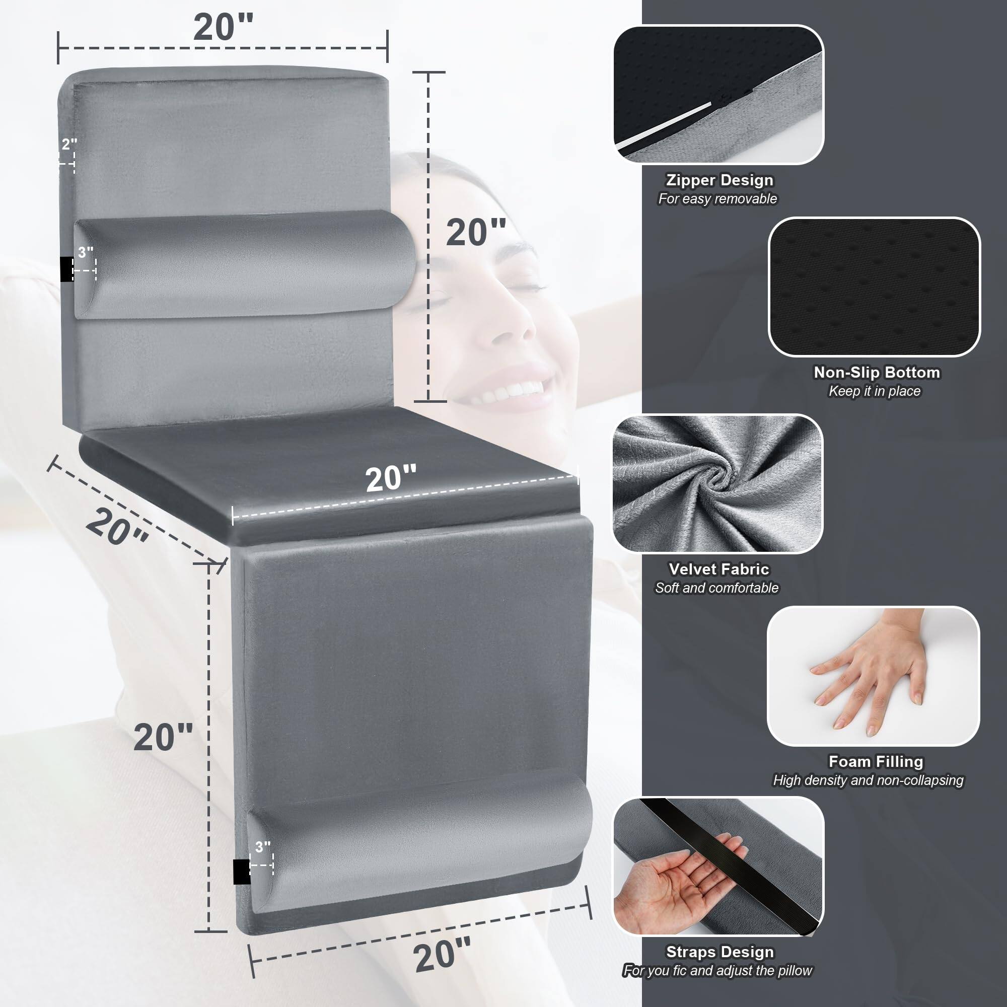 - 20" Zipper Design: For easy removable
- 20" Non-Slip Bottom: Keep it in place
- 20" Velvet Fabric: Soft and comfortable
- 20" Foam Filling: High density and non-collapsing
- 20" Straps Design: For you to fix and adjust the pillow