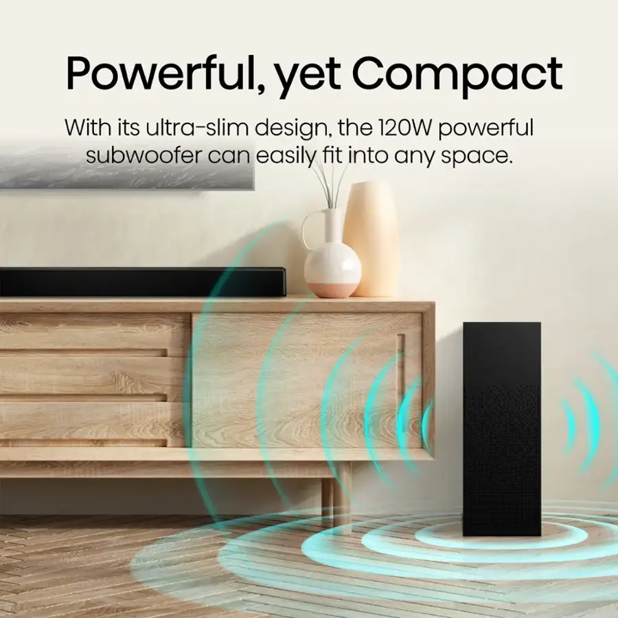 Powerful, yet Compact: With its ultra-slim design, the 120W powerful subwoofer can easily fit into any space.