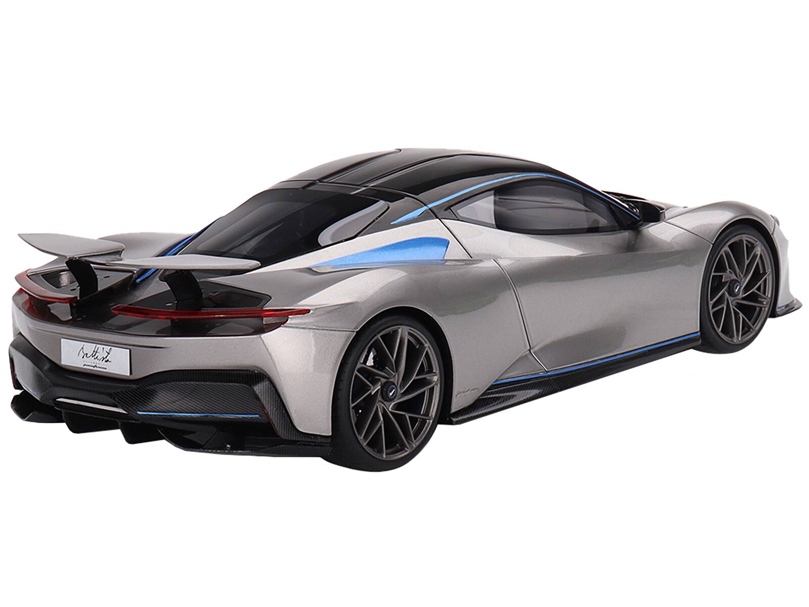 Back. Top Speed - 2019 Pininfarina Battista Grigio Luserna Silver Metallic Iconica Blu Accents Black Top World Premiere 1/18 - Silver Metallic.