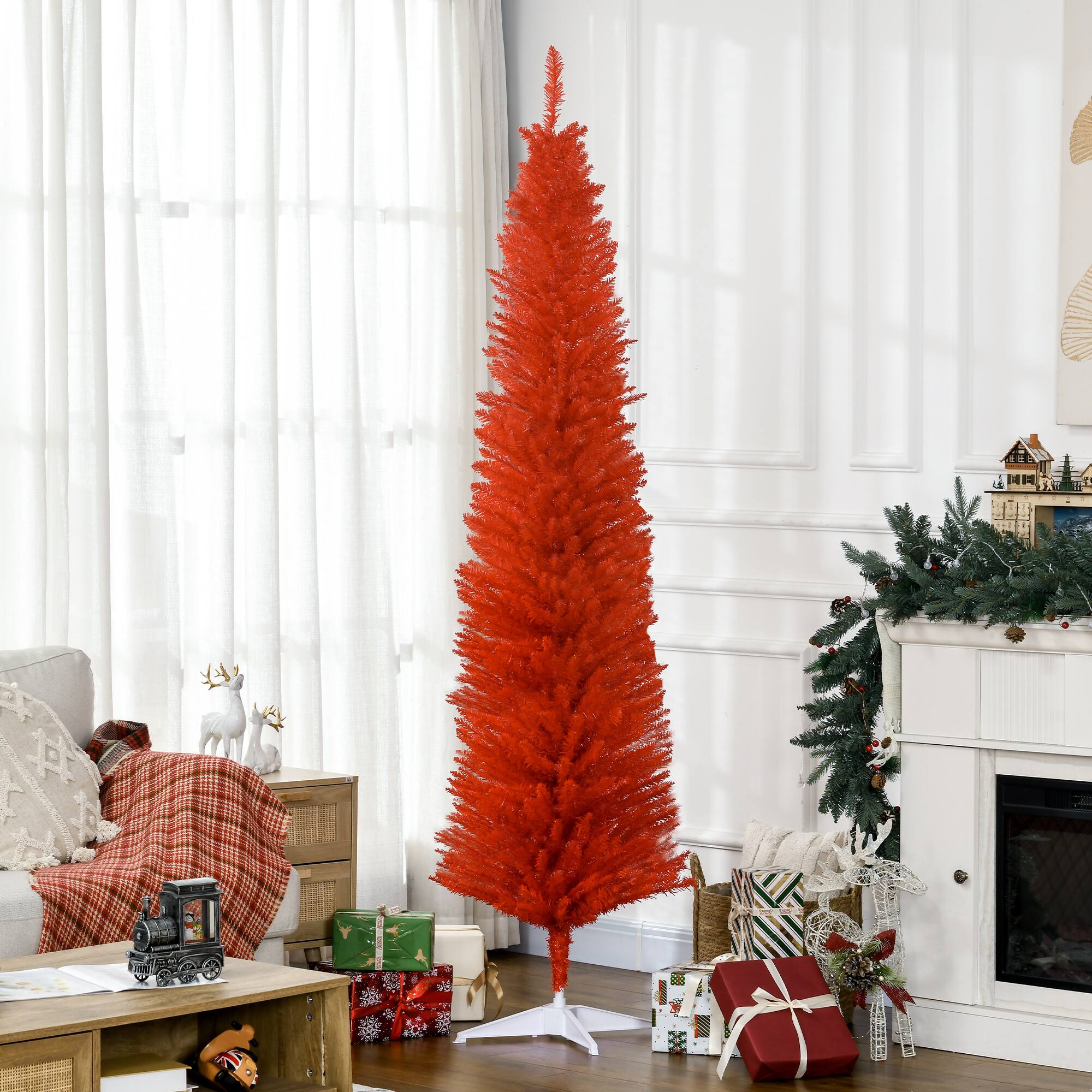 Alt View 1. Homcom - Artificial Pencil Christmas Tree, Slim Xmas Tree with 499 Realistic Branch Tips and Plastic Stand - red.